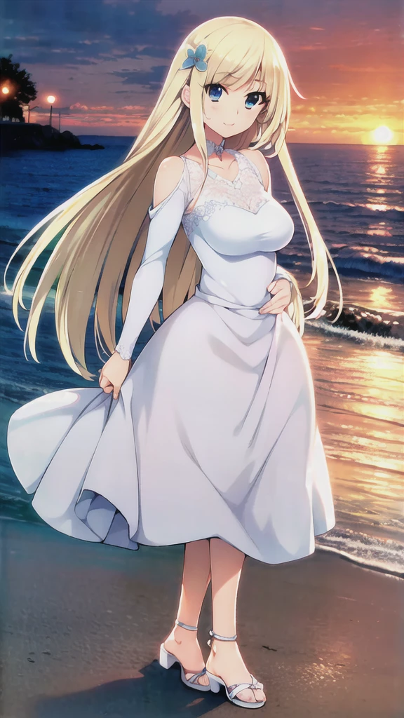 1 lady, (((ultra quality, ultra detailed, ultra highresolution, Hires.fix, ultra delicate, extreme detailed, 8k))), masterpiece, anime, anime screencap, sharp focus and crisp quality, (((brightly colored))), solo, (((in the water front))), sunset, standing, close stance, full body, looking away, (((beautiful detailed face))), (((beautiful detailed eye))), (((beautiful body))), long blonde hair, vaguely shining hair, parted blunt bangs, straight hair, (((hair ornaments))), hair small chains, blue eyes, kind smile, shiny skin, wearing white ball gown outfit, long sleeve, white sandal, large breasts