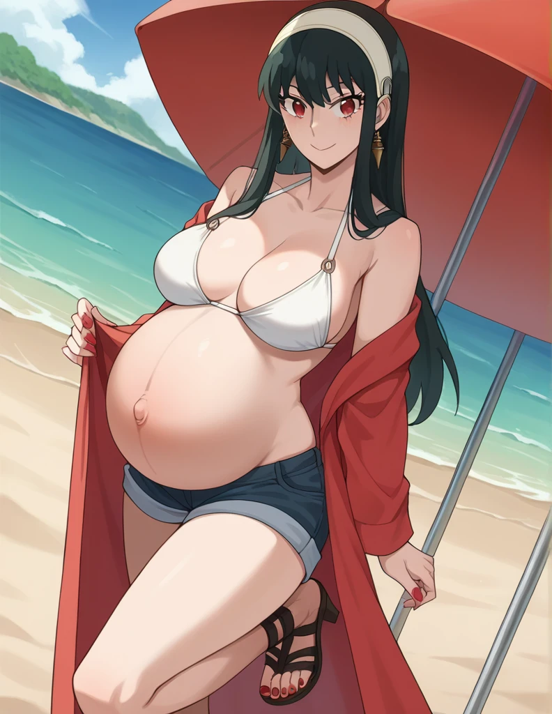 score_9, score_8_up, score_7_up, source_anime,
yorbriar, yor briar, black hair, red eyes, earrings, white hairband, hairband, long hair, sidelocks,
bare shoulders, bikini, Maternity robe, shorts, thighs,
Beach, smile, Heels, sandals, Posing, Nail polish,
looking at viewer, dutch angle, cowboy shot, pregnant, huge belly, large belly, Big breasts, painted toenails, belly button, 