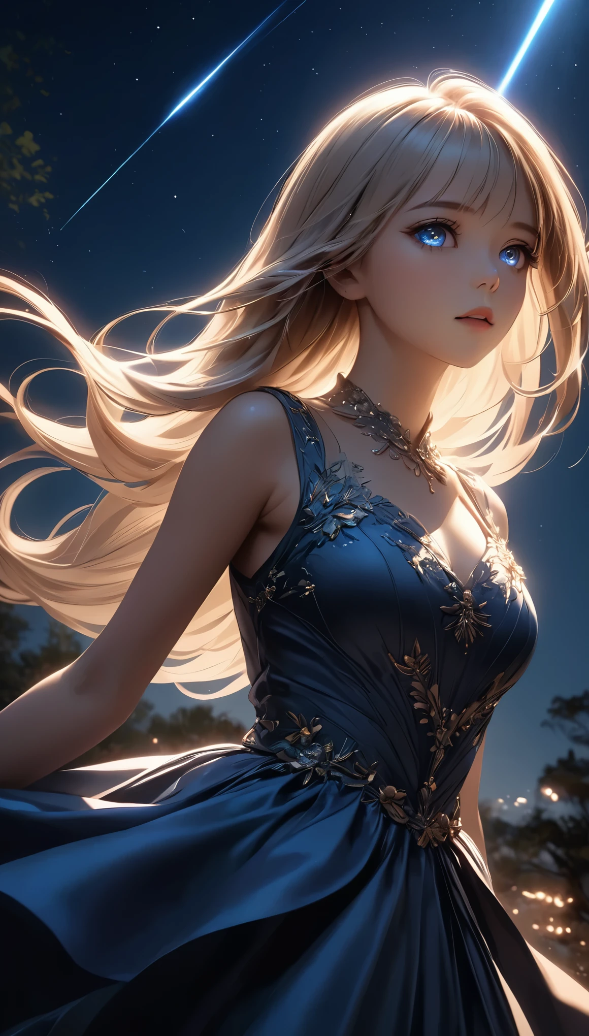 Meteor Showerを見上げる少女:1.2, Intricate details, Very detailed, Dramatic lighting, Shining Eyes, Detailed facial features, Flowing Hair, Glamorous Dress, Mysterious atmosphere, Meteor Shower, Night Sky, (Fluttering in the wind), Swoop, View from below, Fantasy, Dramatic lighting, Volumetric lighting, movie, Chiaroscuro, Dramatic Shadows, Moody, A calming color palette, Chiaroscuro, Blue Hour, (Best Quality:1.2, Very detailed, Anime Style, Detailed CG illustration, Ultra-high resolution, High Contrast, masterpiece:1.2, Best aesthetics).