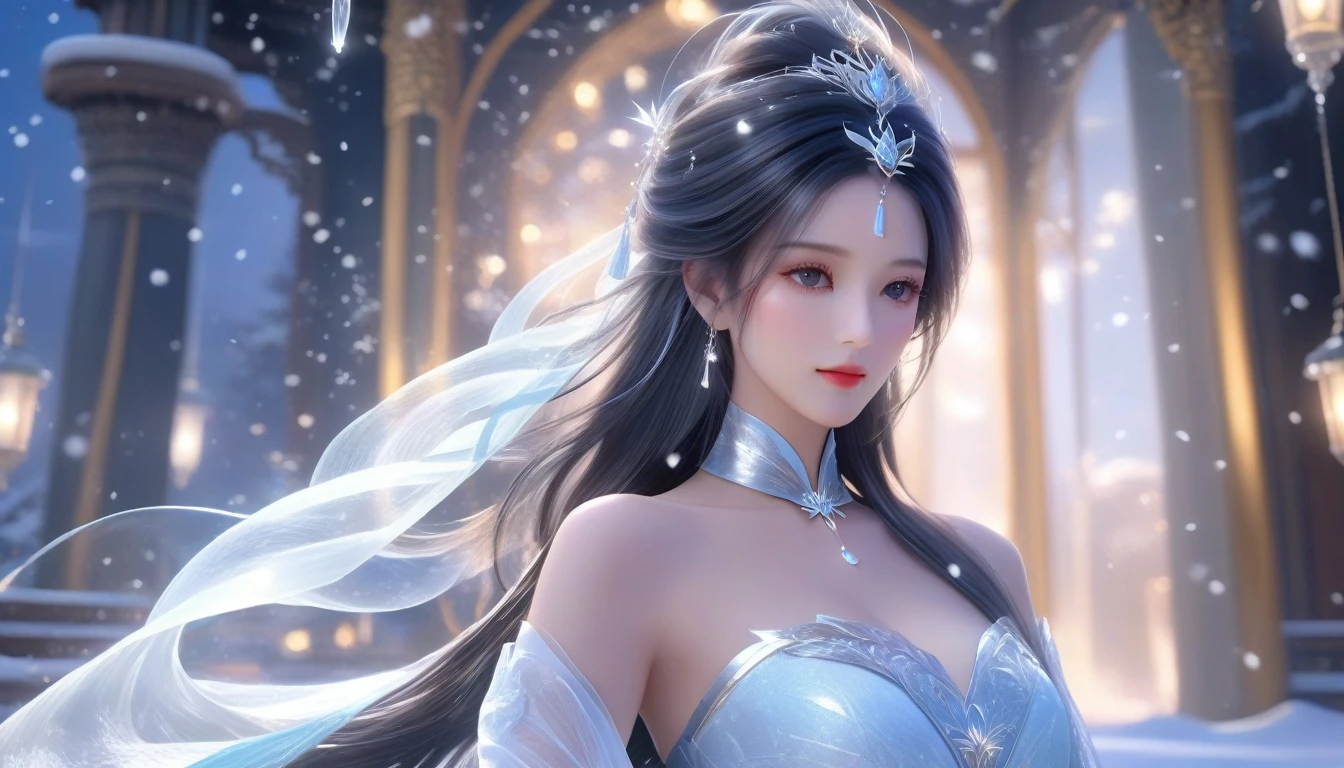 A Masterpiece in 32K Resolution, Flawless Quality, Hyper-Refined Detail, Official Art, Exquisite 32K Wallpaper, Stunning and Artistic, Ultra-Focused Features, Mesmerizing Detail, Dutch Angle, Semi-Realistic, Serene Snow-Covered Temple. (One Woman, Alone) (Snowy White Hair: 1.4, Straight, Flowing Locks) (She Is Adorned in Alluring, Thin Silk), ((Off-the-shoulder, Highlight Her Ample Breasts, Golden Locket)) (Delicate Cleavage) (Stunning Starry Sky, Majestic Night, Glowing Particles Float Gracefully). Her Haunting Beauty Is Captured Perfectly, With the Snow-Dusted Waters Adding Depth and Serenity, Enhanced by Subtle, Ethereal Lighting That Highlights Every Exquisite Detail. Her Sculpted, Delicate Face Shines on the Calm Water’s Surface, Reflecting Her Timeless Beauty in This Intensely Realistic and Majestic Composition.