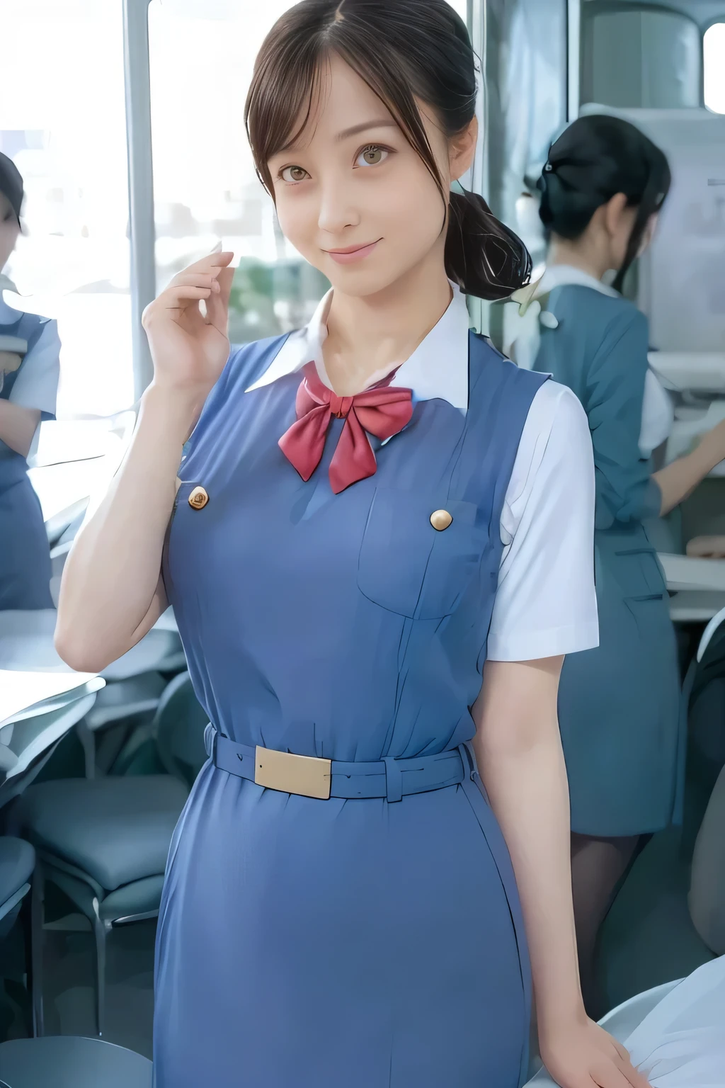 (masterpiece:1.2, Best Quality:1.2), 32K HDR, High resolution, (Alone、1 girl)、(On the roof of a building during the day、Professional Lighting)、Building rooftop background、(Real style wearing Japan air system cabincrew uniform blue)、((Japan Air System cabincrew uniform blue jumper skirt with buttons on both breast pockets、White short sleeve blouse 、 Light blue vest around waist、Scarf around the neck))、Dark brown hair、(Long Hair、Hair tied up、Hair tied up)、Dark brown hair、Long Shot、Big Breasts、Thin legs、((Great hands:2.0)),((Harmonious body proportions:1.5)),((Normal limbs:2.0)),((Normal finger:2.0)),((Delicate eyes:2.0)),((Normal eyes:2.0)))、smile、(Japan air system cabincrew uniform blueを見せた美しい立ち姿)、Hands clasped underneath