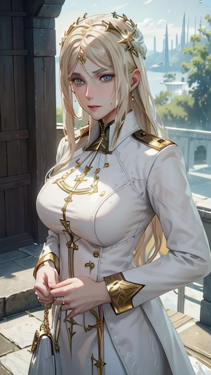 masterpiece, Please redeem, Highly detailed CG Unity 8k wallpaper,((Rise)), ((Spaceship bridge)), Elegant long wavy platinum blonde hair, ((Average chest size, Self-illuminating skin)), ((A revealing white and gold military uniform, White handbag)), (Sweaty, Wet white skin), (Mechanical Circlet), (Stern expression), cute, Symmetrical face, fine grain, Key Art, Awards, Subtle Detail Realism HDR, Photorealism, Hyperrealism, Ultra-realistic, Dramatic light, Strong Shadows, Amazing views, Written Boundary Depth