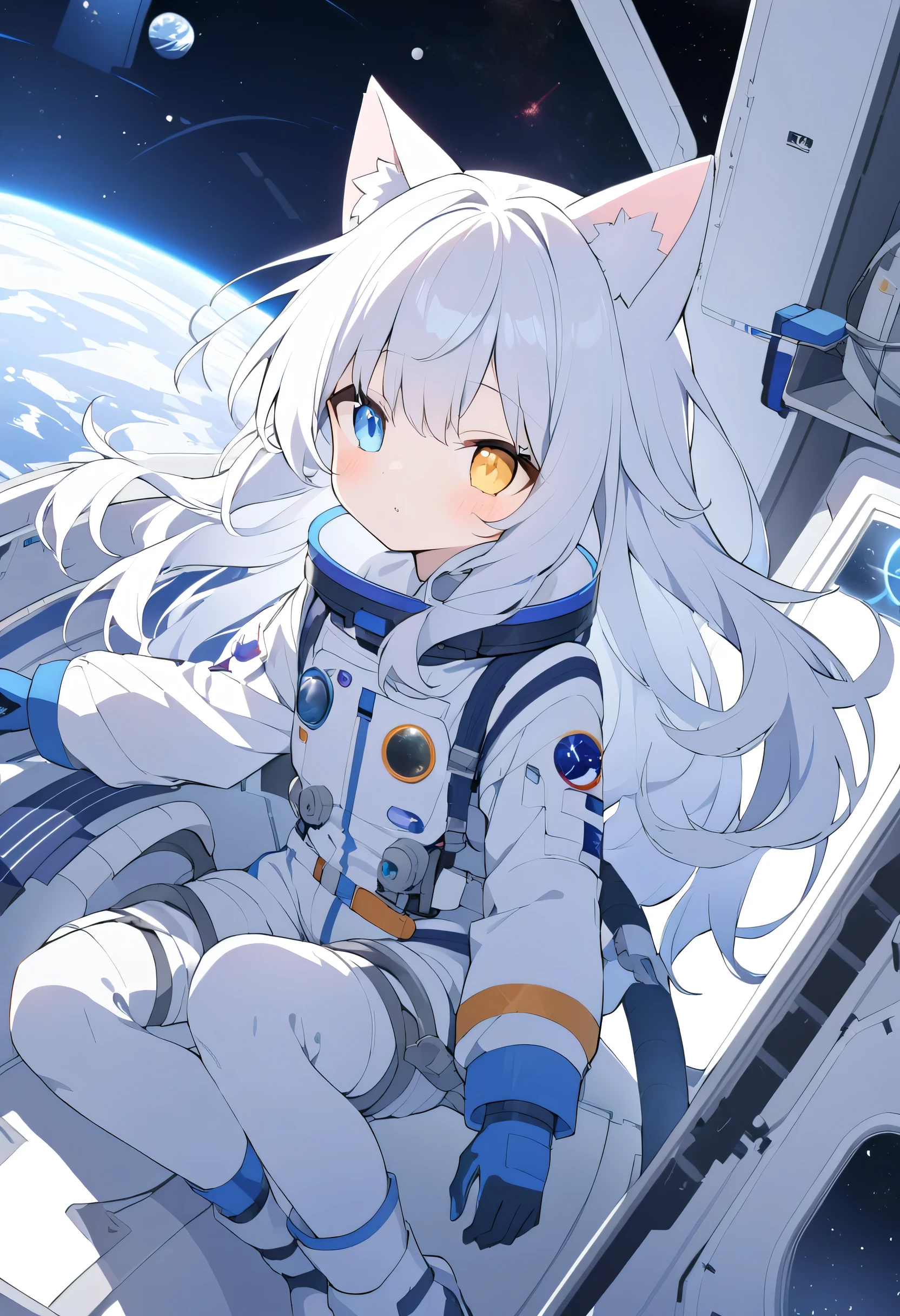 blue halo，White hair，Long hair，Cat ears，Heterochromia（Left blue right red），Space suit，Internal hair dyeing（blue），In the space station，Star