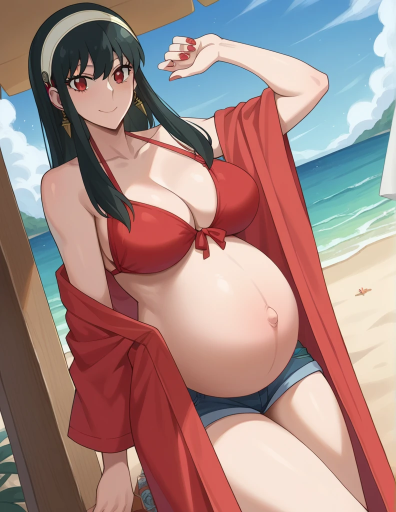 score_9, score_8_up, score_7_up, source_anime,
yorbriar, yor briar, black hair, red eyes, earrings, white hairband, hairband, long hair, sidelocks,
bare shoulders, bikini, Maternity robe, shorts, thighs,
Beach, smile, Posing, Nail polish,
looking at viewer, dutch angle, cowboy shot, pregnant, huge belly, large belly, Big breasts, belly button, 