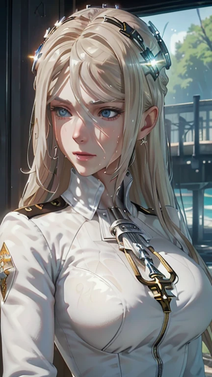 masterpiece, Please redeem, Highly detailed CG Unity 8k wallpaper,((Upper body portrait)), ((Spaceship bridge)), Elegant long wavy platinum blonde hair, ((Average chest size, Self-illuminating skin)), ((A revealing white and gold military uniform, White handbag)), (Sweaty, Wet white skin), (Mechanical Circlet), (Stern expression), cute, Symmetrical face, fine grain, Key Art, Awards, Subtle Detail Realism HDR, Photorealism, Hyperrealism, Ultra-realistic, Dramatic light, Strong Shadows, Amazing views, Written Boundary Depth,