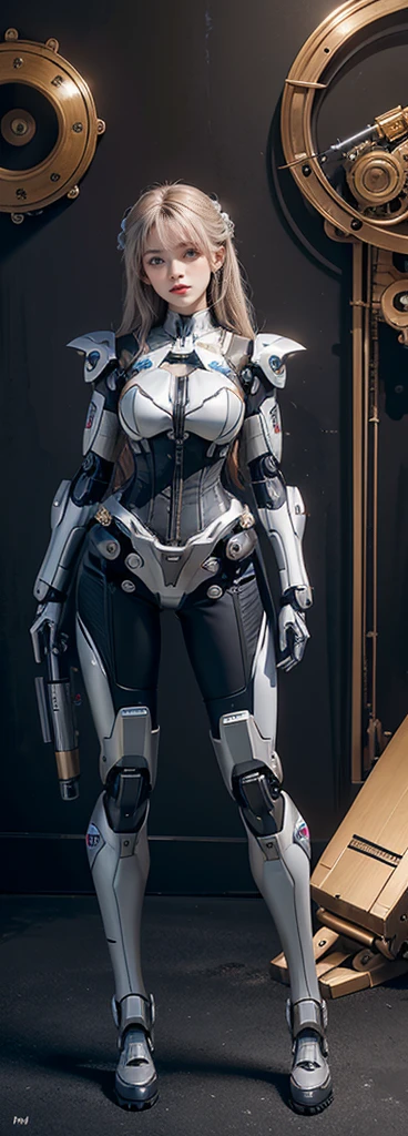 realiStically, high reSolution, 1 female, Hip Lift, , Mecha Girl,Mechanical PartS,  jointS,Single mechanical arm, Have, Mechanical halo,Star Halo,Complex mechanical Suit, Mecha Corset, Linear A&#39;S, Mechanical Body,He is holding a giant holy sword that glows with a pale neon light.