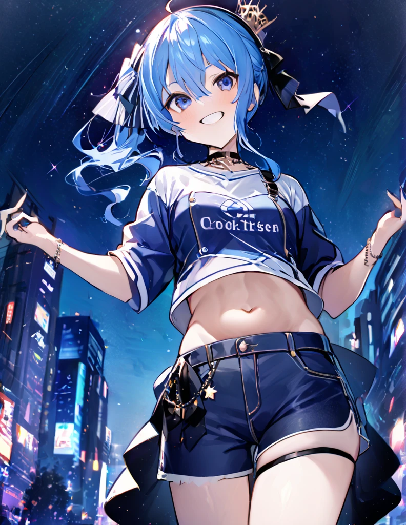 (8k、Best image quality、highest quality、masterpiece)、Detailed face、 1teen_girl、Blue Hair、Long Hair、sideponytail、dark_blue_eyes、smile,peek_stomach,small_breasts:0.8,(White_T-shirt:1.3)、Off_shoulder、Black shoulder straps、(open_front_shorts,denim_short_shorts:1.2)、City Background, starry_sky_landscape ,hoshimachi suisei, (belly_button:1.2),nihil,solo,stargaze,girl_looking_up_sky,slender,solo,boots,abs, tight_waist, point_to_sky