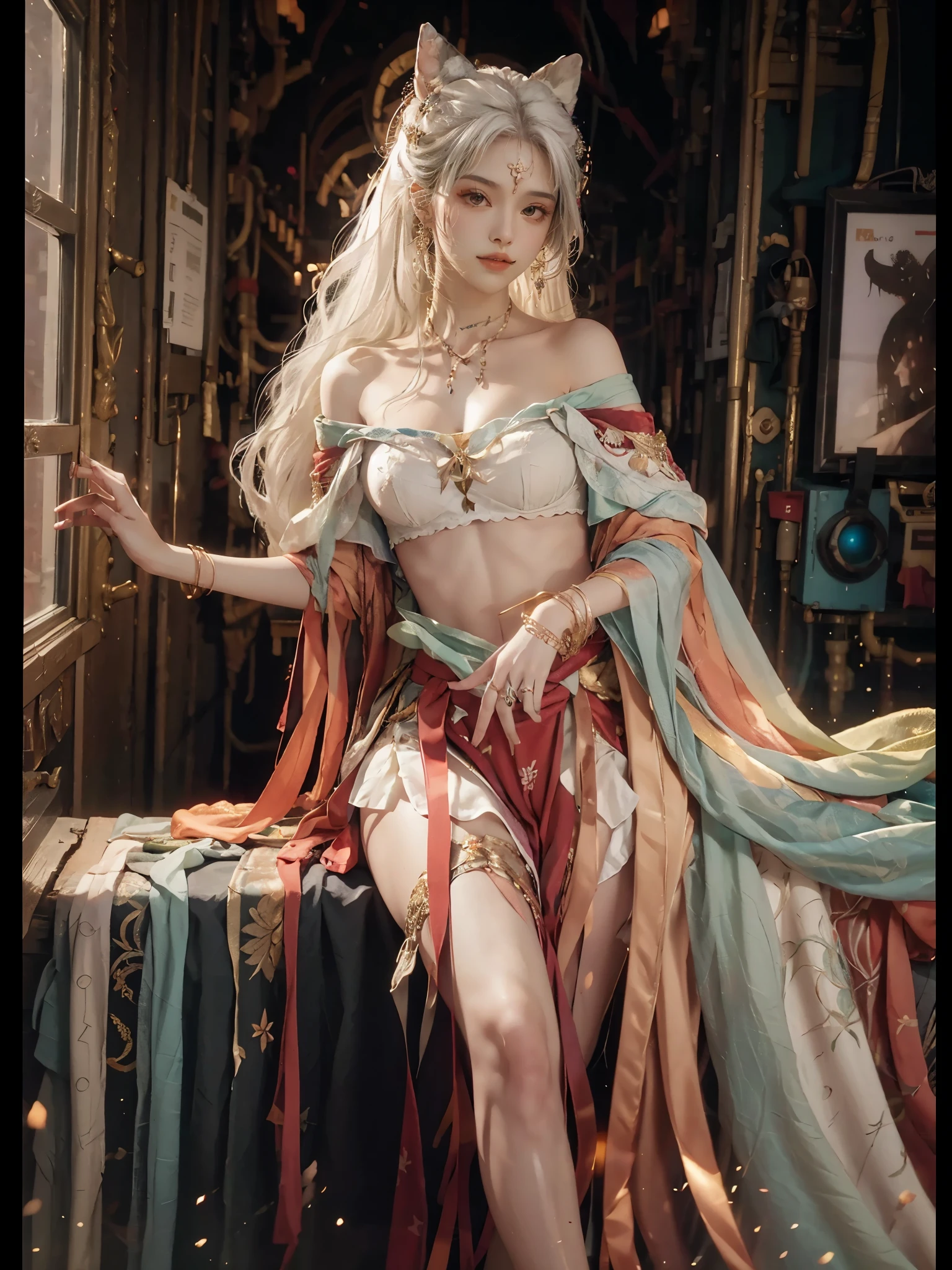White-skinned pharaoh Tia rides on a steam engine,She has white hair and gray hair,look up,Wear platform shoes,Have bangs,intoxicated expression ,extravagant,She has short hair,Have a pair of big golden eyes,Wearing clothes full of jewels, wear shorts,very thick thighs,fair skin,White flowers,fat legs,soybeans, Japanese jewelry, thick and tight,legs crossed, morning, high-end, many details, Sharp mullet focus, actual.