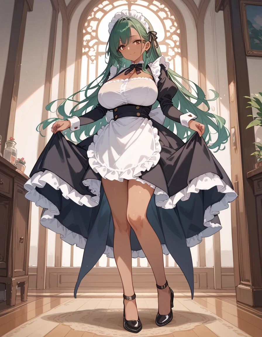 score_9, score_8_up, score_7_up, source_アニメ. (One girl:1.4) ,whole body, beautiful, Perfect Eyes, Perfect Face, Perfect lighting, One girl, Long Hair, Exotic Leather (Brown Skin:1.5) ,Green Hair,  (Large Breasts:1.5) Wide Hips, Maid clothes,pantyhose,Black high heels, Sexy smile, Absurd, [Perfect shadows and lighting] Detailed Background, incredible high key lighting, Rich colors, Fantasy Background, Accurate, Anatomically correct (masterpiece:2.0) Ultra-detailed illustrations, (Highest quality:1.3), Textured skin, Attention to detail,