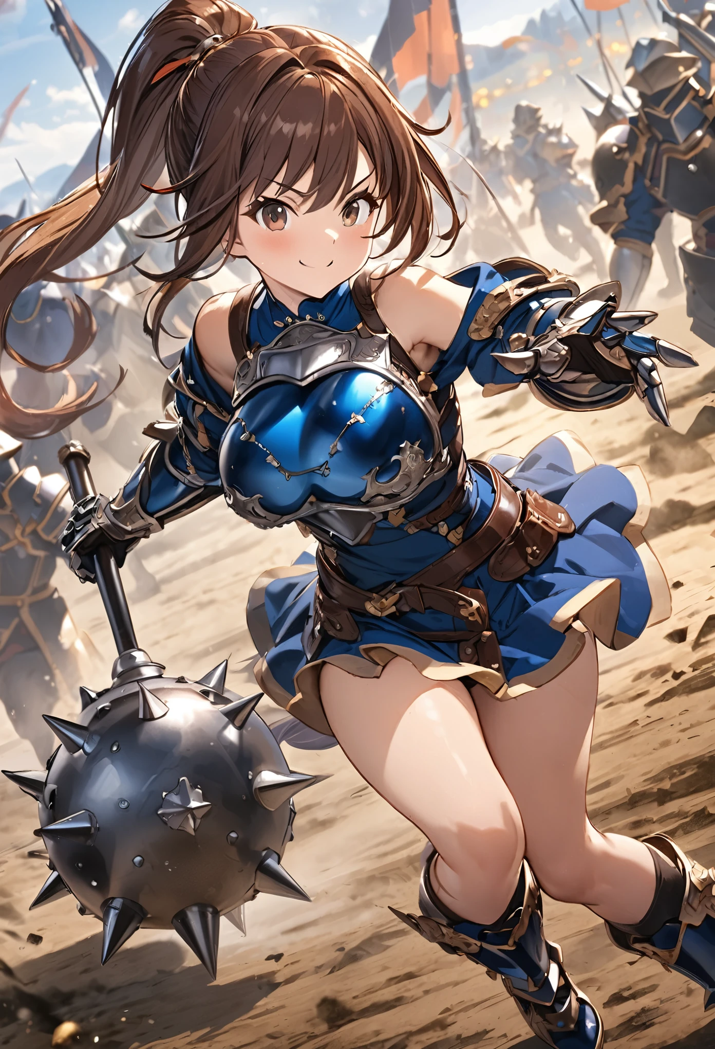 Best Quality, High resolution, solo, 1girl, Full body, Description Girls, detail hands, Detail fingers, Detail Face, cute face, detail legs, overdetailed art, Fine details, large breasts, brown hair, pony tail, brown eyes, blue shirt, breast armor, (bare shoulder), gauntlets, (big mace), Sabaton, mini skirt, battle field, warrior, dynamic angle, dynamic pose