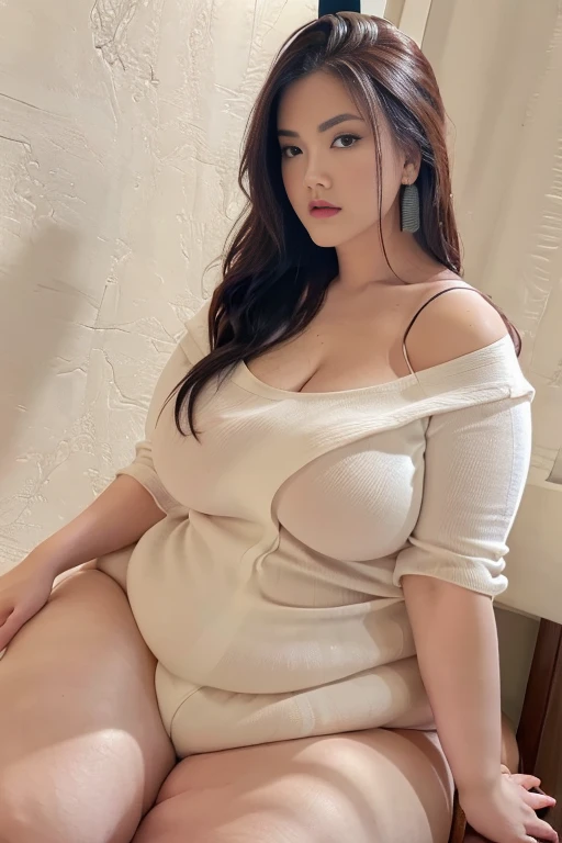 Beautiful Plus size woman with seductive and sexy pose, wearing gigantic droopy tits in open white shirt, down blouse shoulders, side off shoulders, large breasts, thick thight, Earrings, sitting with spreading leg, open leg,