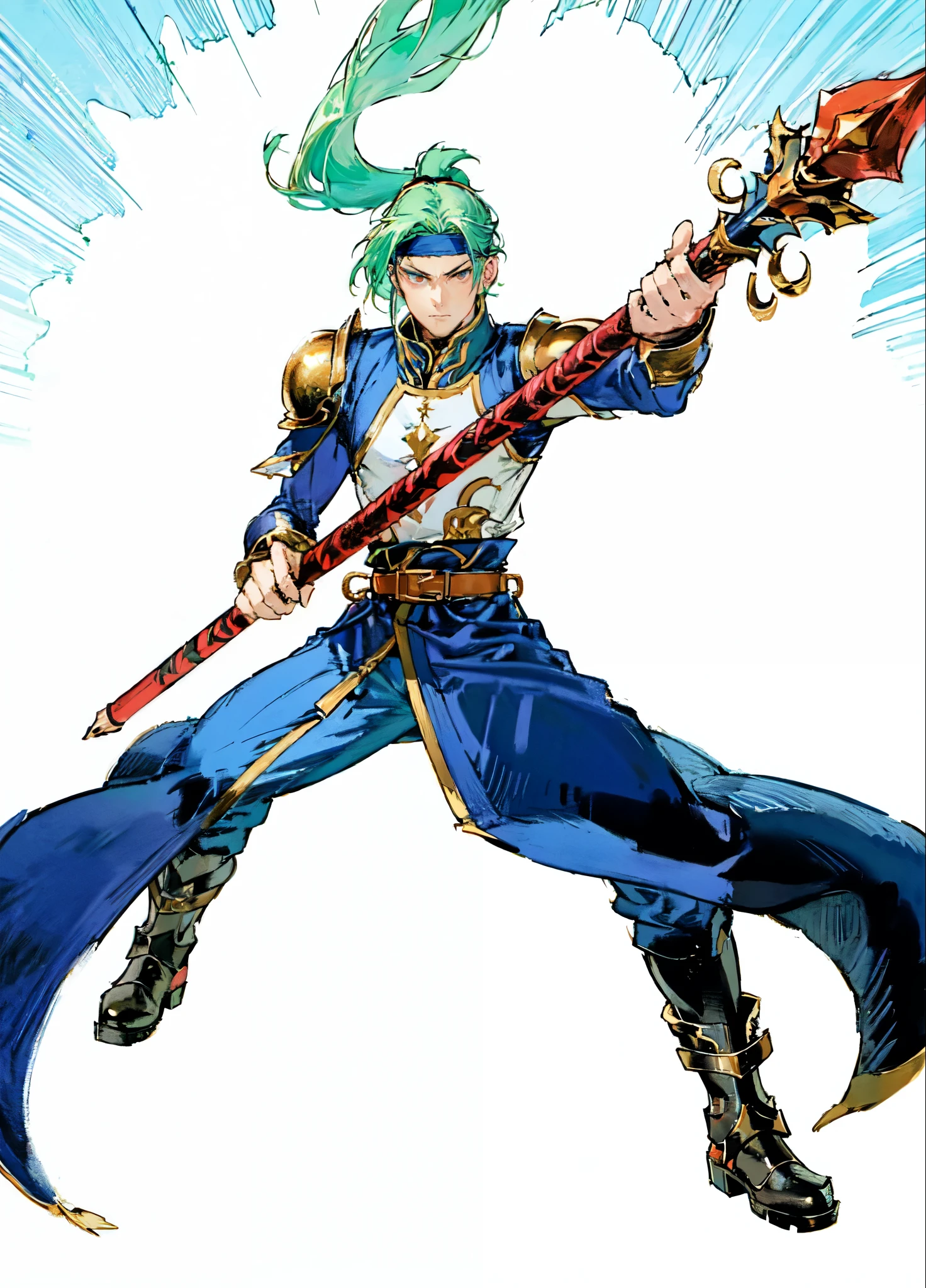 (masterpiece:1.2, best quality:1.2, extremely delicate:1.2), ((male:1.5)), a young man with long, flowing emerald-green hair tied in a ponytail, parted bangs, wearing a headband, a handsome face, sharp eyes, a serious expression, slender and tall build, a yellow and blue leather armor long coat in a fantasy martial arts style, a large triangular-decorated belt, flowing long hem, matching trousers, shin guards, battle boots, grips an indigo spear adorned with iron rings, striking a combat pose against an army, this character embodies a finely crafted fantasy martial arts style spear fighter in anime style, exquisite and mature manga art style, dramatic, high definition, highres, ultra-detailed, ultra-fine painting, professional, perfect body proportions, golden ratio, anatomically correct, symmetrical face, extremely detailed eyes and face, high quality eyes, creativity, RAW photo, UHD, 32k, Natural light, cinematic lighting, (masterpiece-anatomy-perfect:1.2)