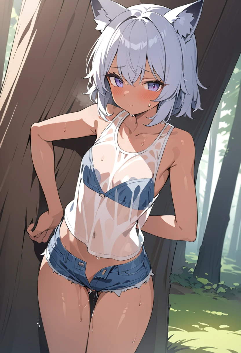 ((((in the forest　Showing nipples　woman器を見せる　Completely naked))))　(((Gray Hair　short hair　blue eyes　woman　Spread your legs)))，((sunlight　Outdoor Exposure))，(smile)，Showing teeth　Shining Background　Shining Edges