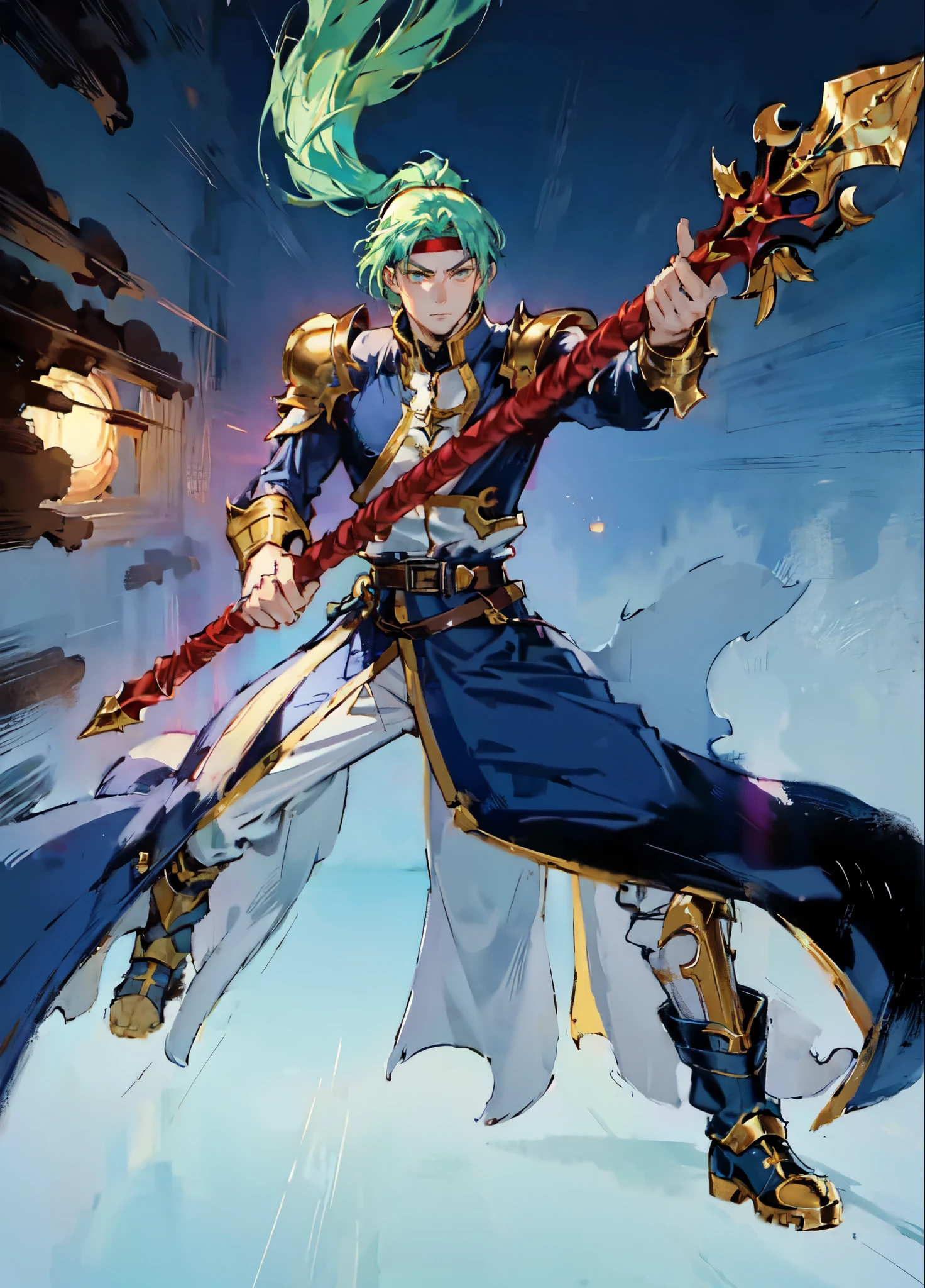 (masterpiece:1.2, best quality:1.2, extremely delicate:1.2), ((male:1.5)), a young man with long, flowing emerald-green hair tied in a ponytail, parted bangs, wearing a headband, a handsome face, sharp eyes, a serious expression, slender and tall build, a yellow and blue leather armor long coat in a fantasy martial arts style, a large triangular-decorated belt, flowing long hem, matching trousers, shin guards, battle boots, grips an indigo spear adorned with iron rings, striking a combat pose against an army, this character embodies a finely crafted fantasy martial arts style spear fighter in anime style, exquisite and mature manga art style, dramatic, high definition, highres, ultra-detailed, ultra-fine painting, professional, perfect body proportions, golden ratio, anatomically correct, symmetrical face, extremely detailed eyes and face, high quality eyes, creativity, RAW photo, UHD, 32k, Natural light, cinematic lighting, (masterpiece-anatomy-perfect:1.2)