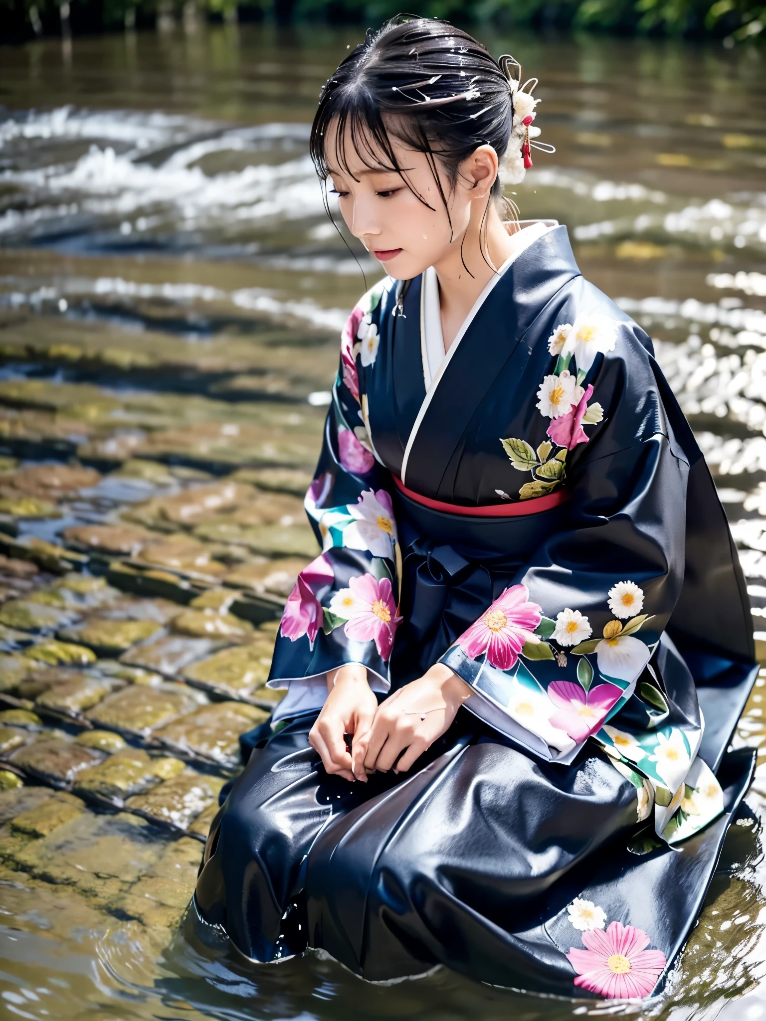 Realistic, long-sleeved kimono, hakama, long hakama, floral kimono, wet clothes, soaking wet clothes, wet and shiny clothes, clothes with a wet texture, clothes that stick to the body, immersed in a river, sinking in water, sleeping in a river, a woman lying in a river, a woman sinking in a river,