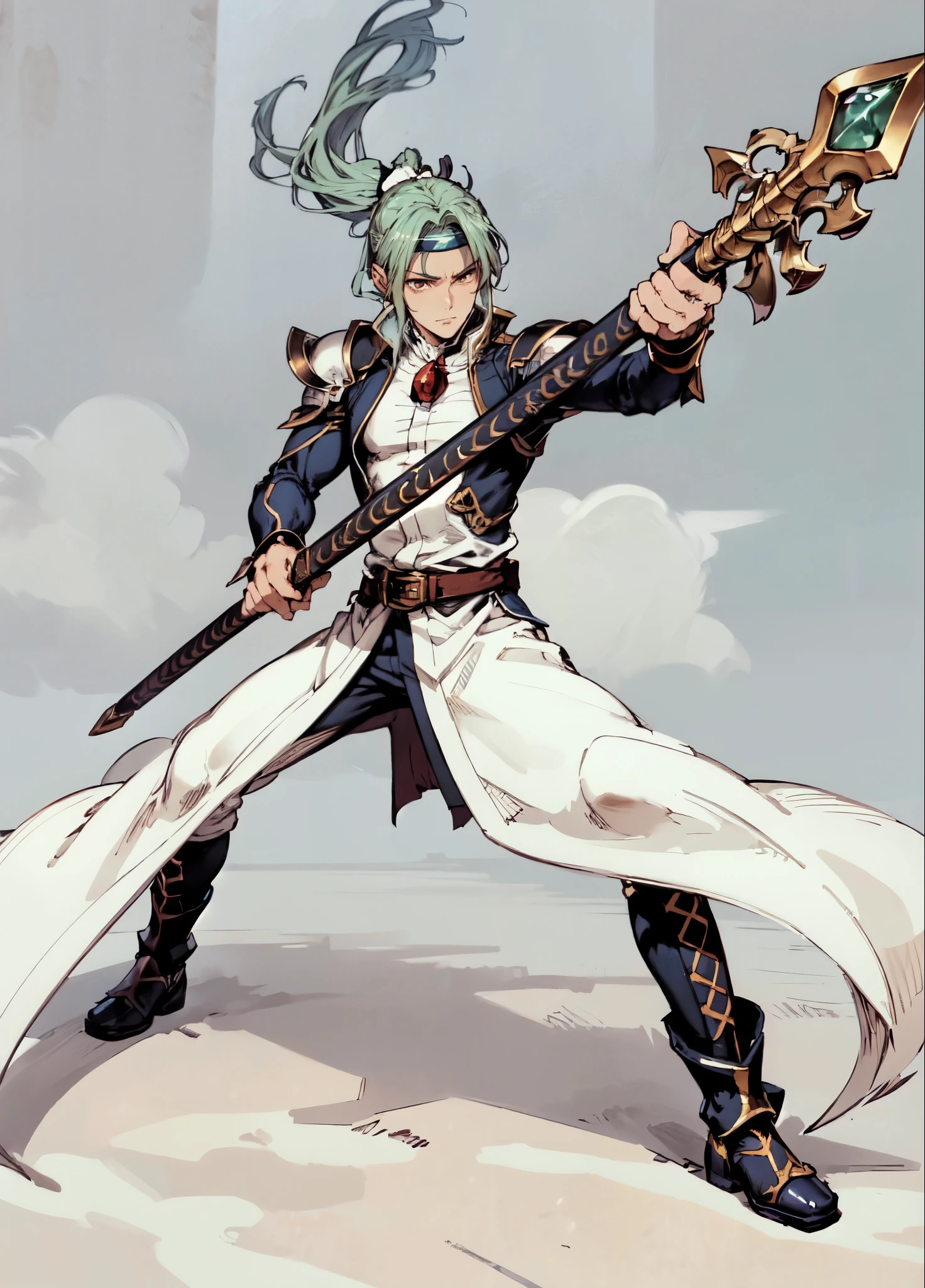 (masterpiece:1.2, best quality:1.2, extremely delicate:1.2), ((male:1.5)), a young man with long, flowing emerald-green hair tied in a ponytail, parted bangs, wearing a headband, a handsome face, sharp eyes, a serious expression, slender and tall build, a yellow and blue leather armor long coat in a fantasy martial arts style, a large triangular-decorated belt, flowing long hem, matching trousers, shin guards, battle boots, grips an indigo spear adorned with iron rings, striking a combat pose against an army, this character embodies a finely crafted fantasy martial arts style spear fighter in anime style, exquisite and mature manga art style, dramatic, high definition, highres, ultra-detailed, ultra-fine painting, professional, perfect body proportions, golden ratio, anatomically correct, symmetrical face, extremely detailed eyes and face, high quality eyes, creativity, RAW photo, UHD, 32k, Natural light, cinematic lighting, (masterpiece-anatomy-perfect:1.2)