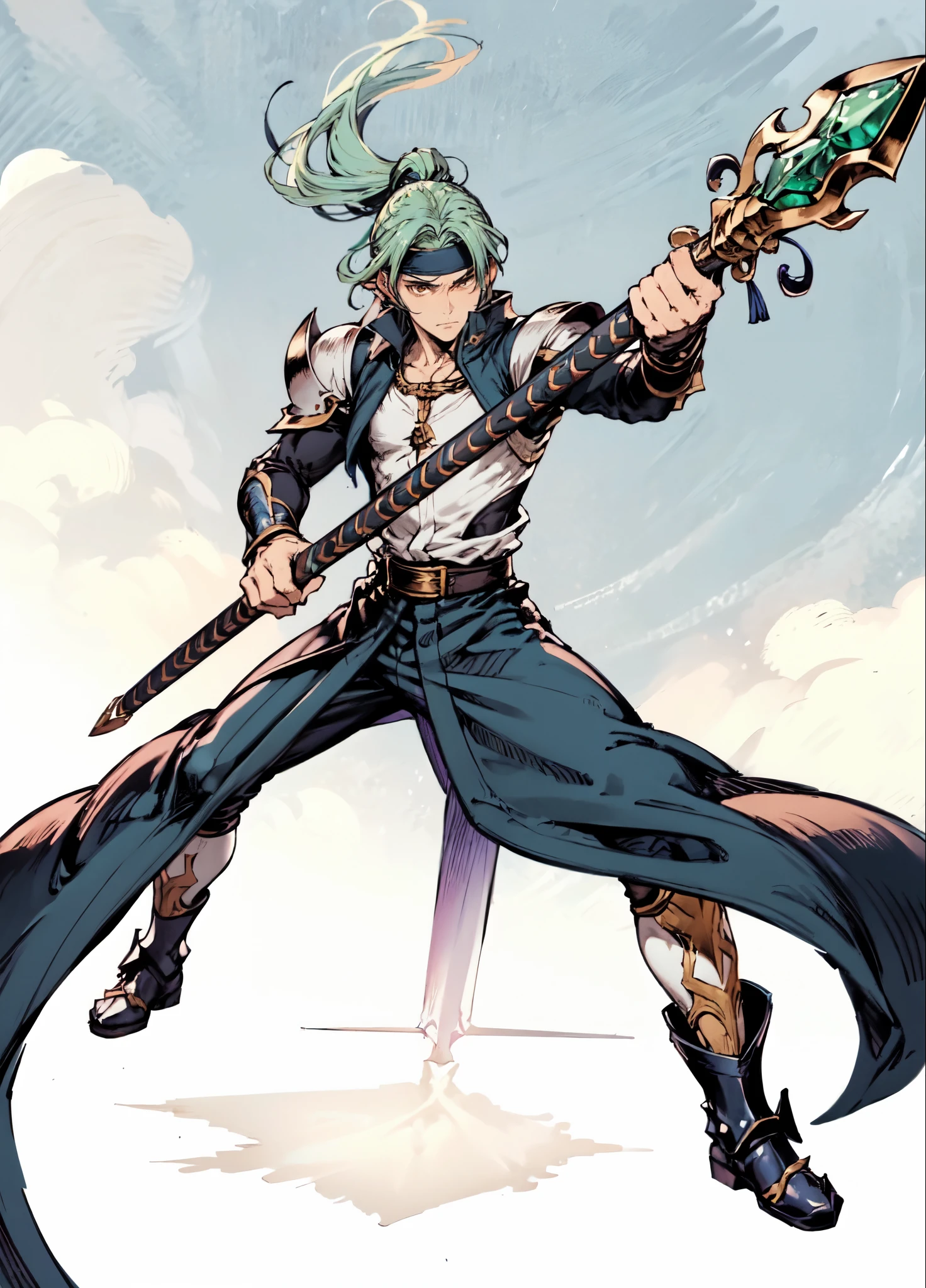 (masterpiece:1.2, best quality:1.2, extremely delicate:1.2), ((male:1.5)), a young man with long, flowing emerald-green hair tied in a ponytail, parted bangs, wearing a headband, a handsome face, sharp eyes, a serious expression, slender and tall build, a yellow and blue leather armor long coat in a fantasy martial arts style, a large triangular-decorated belt, flowing long hem, matching trousers, shin guards, battle boots, grips an indigo spear adorned with iron rings, striking a combat pose against an army, this character embodies a finely crafted fantasy martial arts style spear fighter in anime style, exquisite and mature manga art style, dramatic, high definition, highres, ultra-detailed, ultra-fine painting, professional, perfect body proportions, golden ratio, anatomically correct, symmetrical face, extremely detailed eyes and face, high quality eyes, creativity, RAW photo, UHD, 32k, Natural light, cinematic lighting, (masterpiece-anatomy-perfect:1.2)