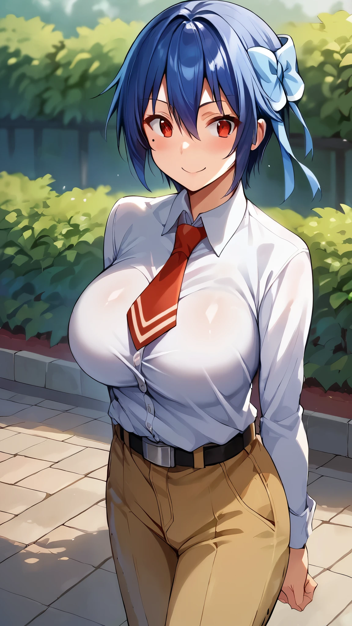 Score_9, Score_8_wonderful, Score_7_wonderful, Score_6_wonderful, sauce_anime, 1 person, solo BREAK tsugumi seishirou, Mole under the eye, Blue Hair, Short Hair, Hair Ribbon, Blue jacket, White shirt, Collared shirt, Red tie, belt, Brown pants, large breasts, Be sweet, blush, smile