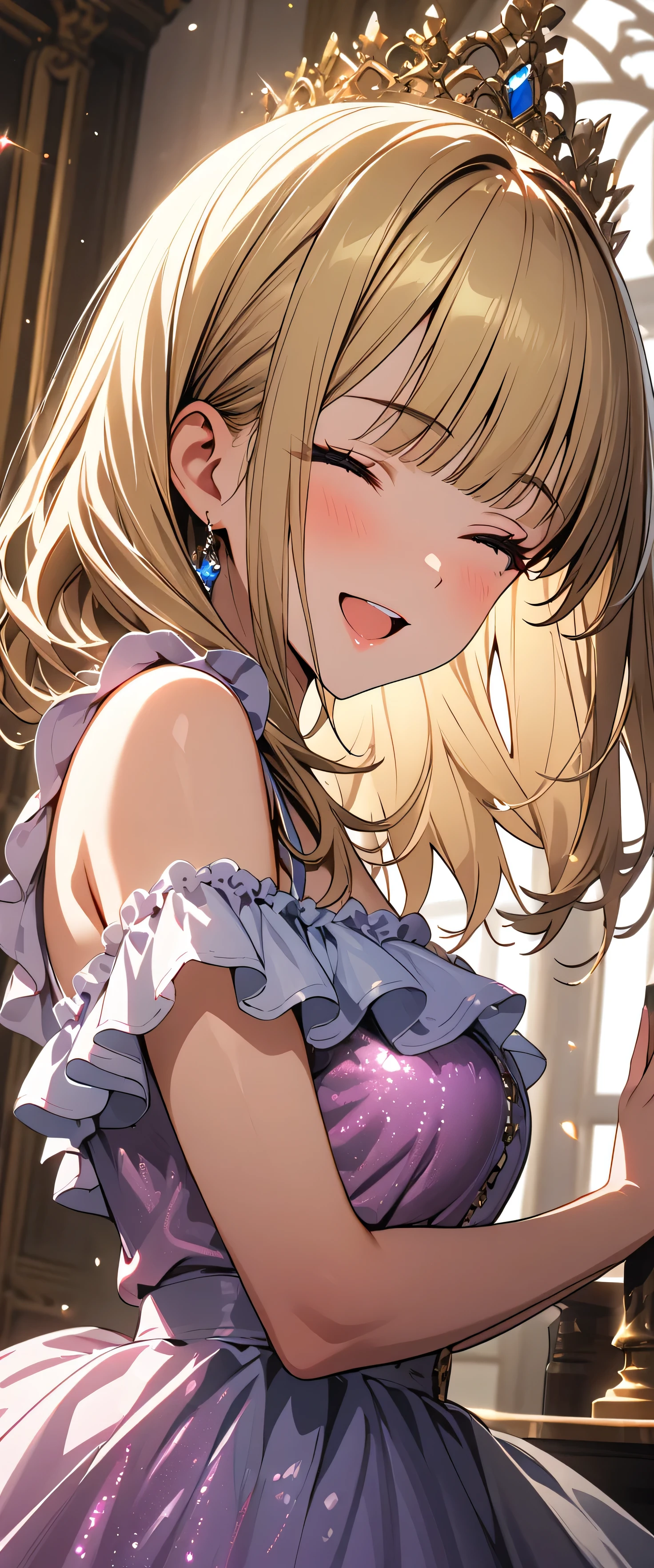 (beautiful girl: 1.3),1girl,masterpiece, Highest quality, Ultra-high resolution,rich contrast,super high quality,8k,Highly detailed CG unit wallpaper,texture,Incredibly absurd,Ultra-high resolution,RAW Photos,Highest quality anime,Depth of Field 1.2,(Blonde Hair,blunt bangs,),Glowing Skin,Glitter effect,Beautiful glossy lips,(pink Frill dress:1.3),royal palace,Very smiling,Open your mouth wide,Have a conversation,Dinner Party,Close your eyes,(from side:1.3)