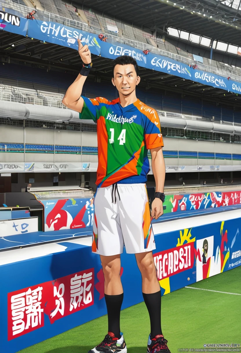 Highest quality,Official Art,Sports,Hidetoshi&#39;s Dekisugi,black hair,black eyes,blue shirt, short shirt,shorts