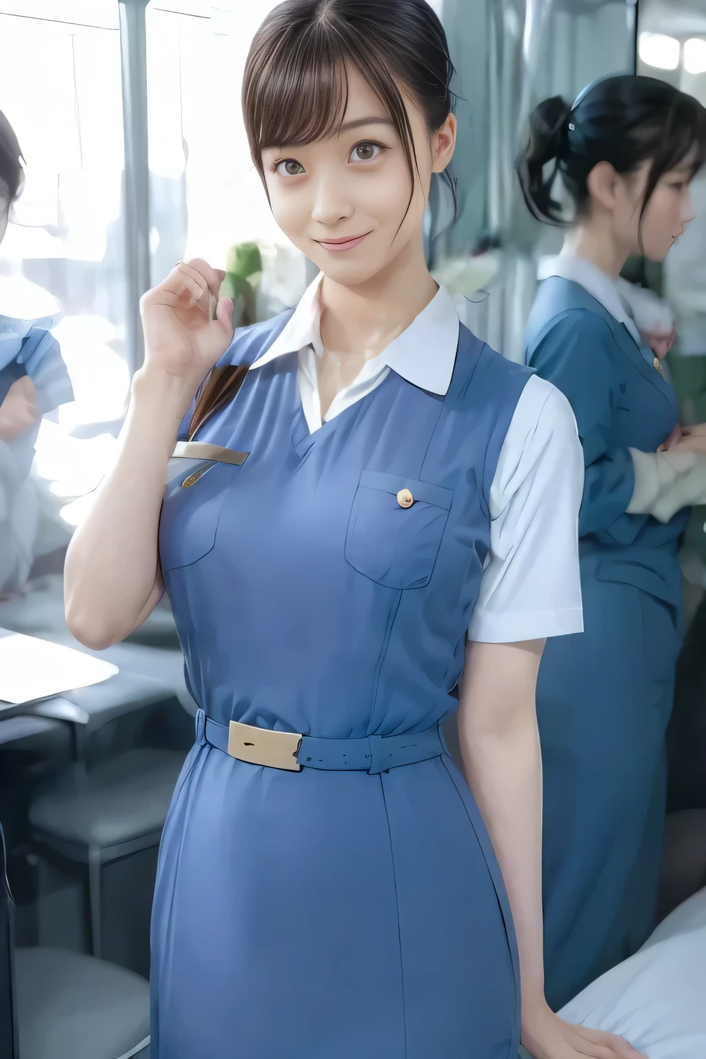 (masterpiece:1.2, Best Quality:1.2), 32K HDR, High resolution, (Alone、1 girl)、（On the roof of a building during the day、Professional Lighting）、Building rooftop background、（Real style wearing Japan air system cabincrew uniform blue）、（（Japan Air System cabincrew uniform blue jumper skirt with pockets on both sides、Japan air system cabincrew uniform blue jumper skirt with buttons on the pocket、White short sleeve blouse 、 Light blue vest around waist、Scarf around the neck））、Dark brown hair、（Long Hair、Hair tied up、Hair tied up）、Dark brown hair、Long Shot、Big Breasts、Thin legs、（（Great hands：2.0）），（（Harmonious body proportions：1.5）），（（Normal limbs：2.0）），（（Normal finger：2.0）），（（Delicate eyes：2.0）），（（Normal eyes：2.0））)、smile、（Japan air system cabincrew uniform blueを見せた美しい立ち姿）、Hands clasped underneath
