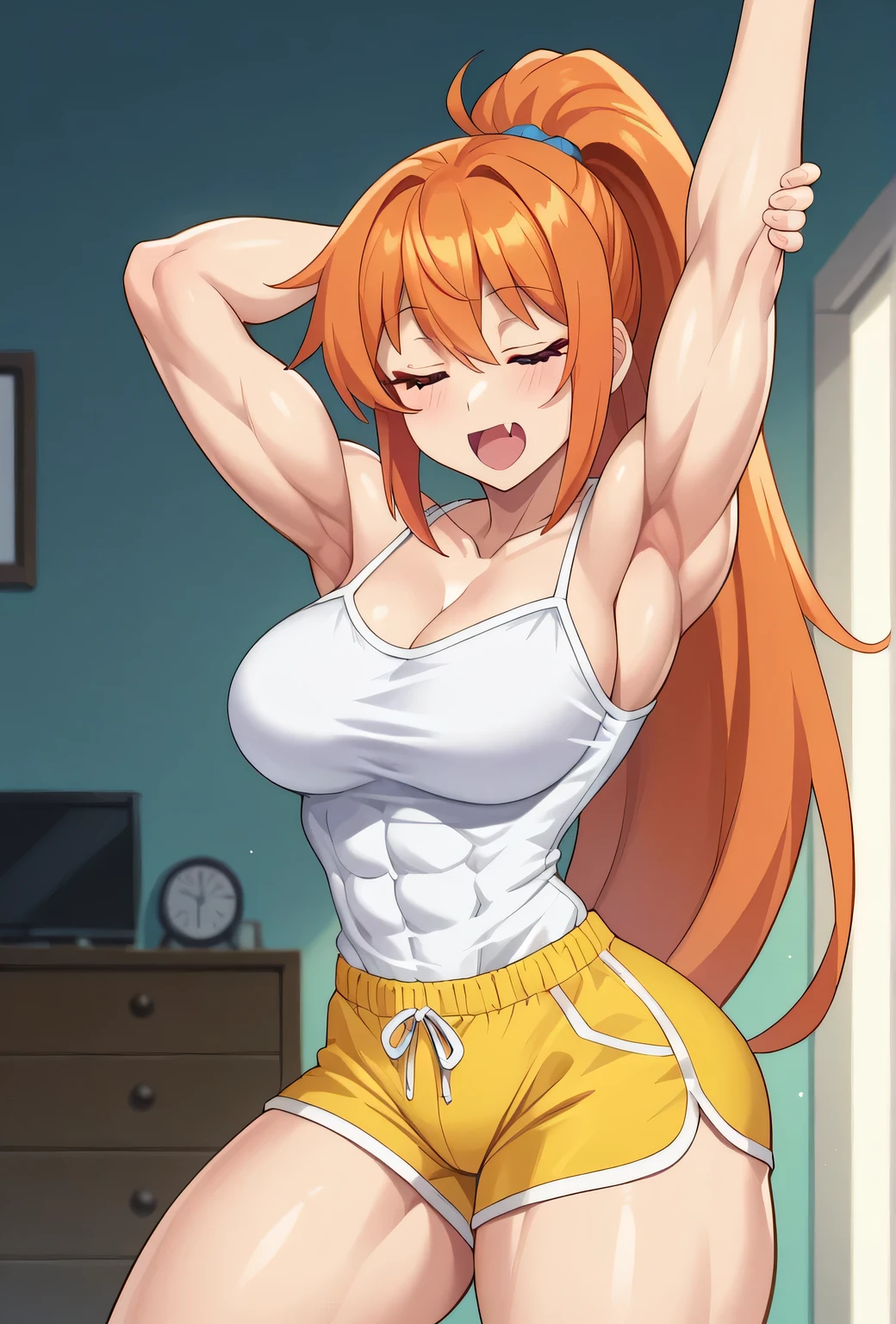 ((best quality)), ((masterpiece)), (detailed), (perfect anatomy), (exquisite clothing);
1girl, solo, living room, stretching arms;
Perfect face, orange hair, very long hair, high ponytail, fanged bangs, sidelocks, red eyes, bright pupils;
closed eyes, sleepy, yawning;
Tall, mature, (slightmuscle:1.2), deltoids, trapezius, medium breasts, thick arms, biceps, triceps, abs, long waist wide hips, long legs, (thick thighs:1.4), glutes, quads, lats, hamstrings; 
(White camisole, camisole overhang), (yellow dolphin shorts).