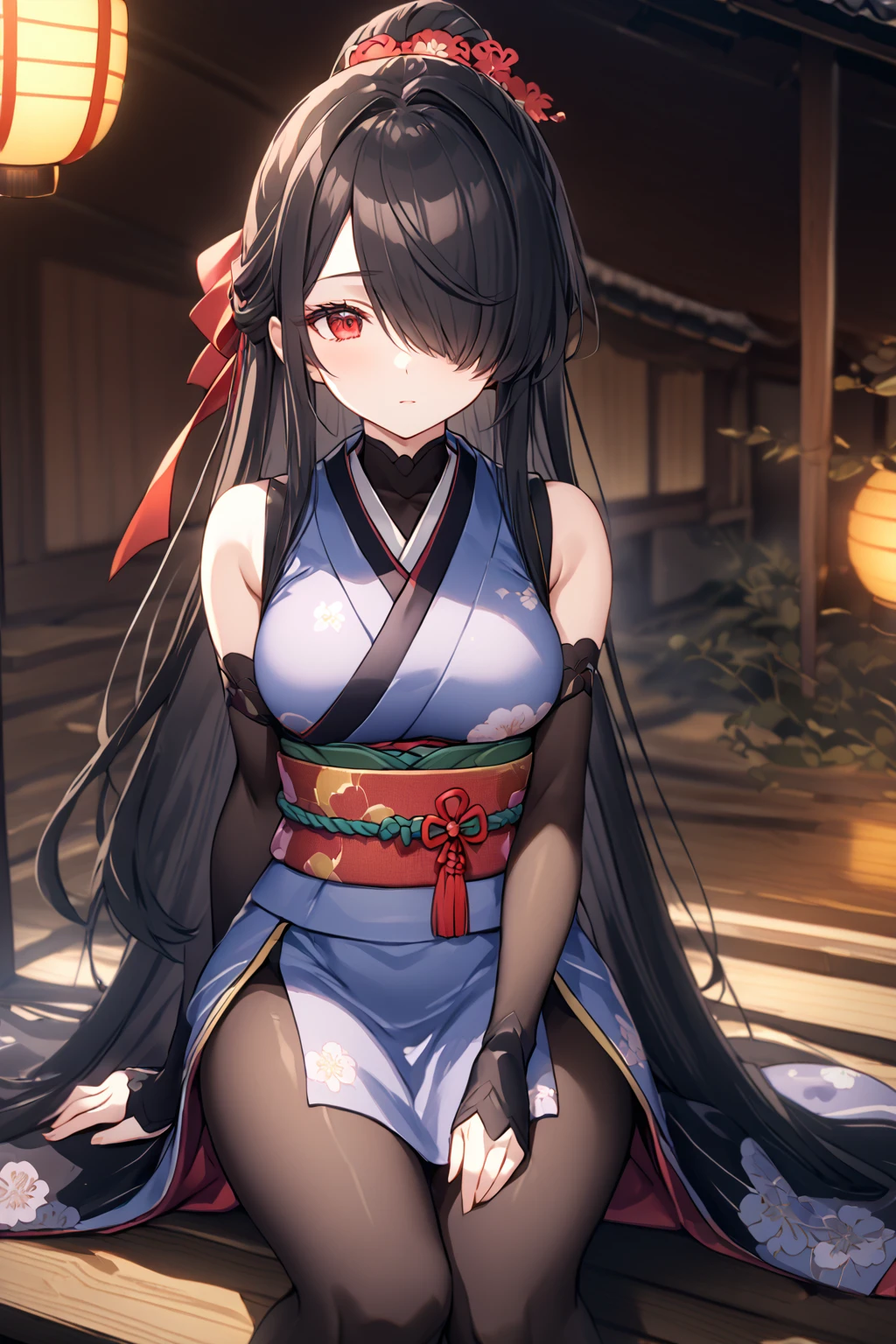 Full Body Portrait, 1girl, Solo, Looking at viewer, Shy, Cute, Red Eyes, Empty Eyes, Expressionless Eyes, Black Hair, ((Very Long Ponytail)), Straight Hair, ((Hair Over One Eye, Swept Bangs:1.5)), Petite, (score_9, source_anime, good_hands), (Large breasts), Pale Skinned, Slender, Curvy, (ninja, sleeveless, obi, japanese clothes), Sitting, Japanese Background, Cinematic Lighting, Masterpiece, 4K, Best Quality, High Resolution, Accurate, Award Winning, (SuperQuality:1.0) ~ (SuperQuality:1.2)