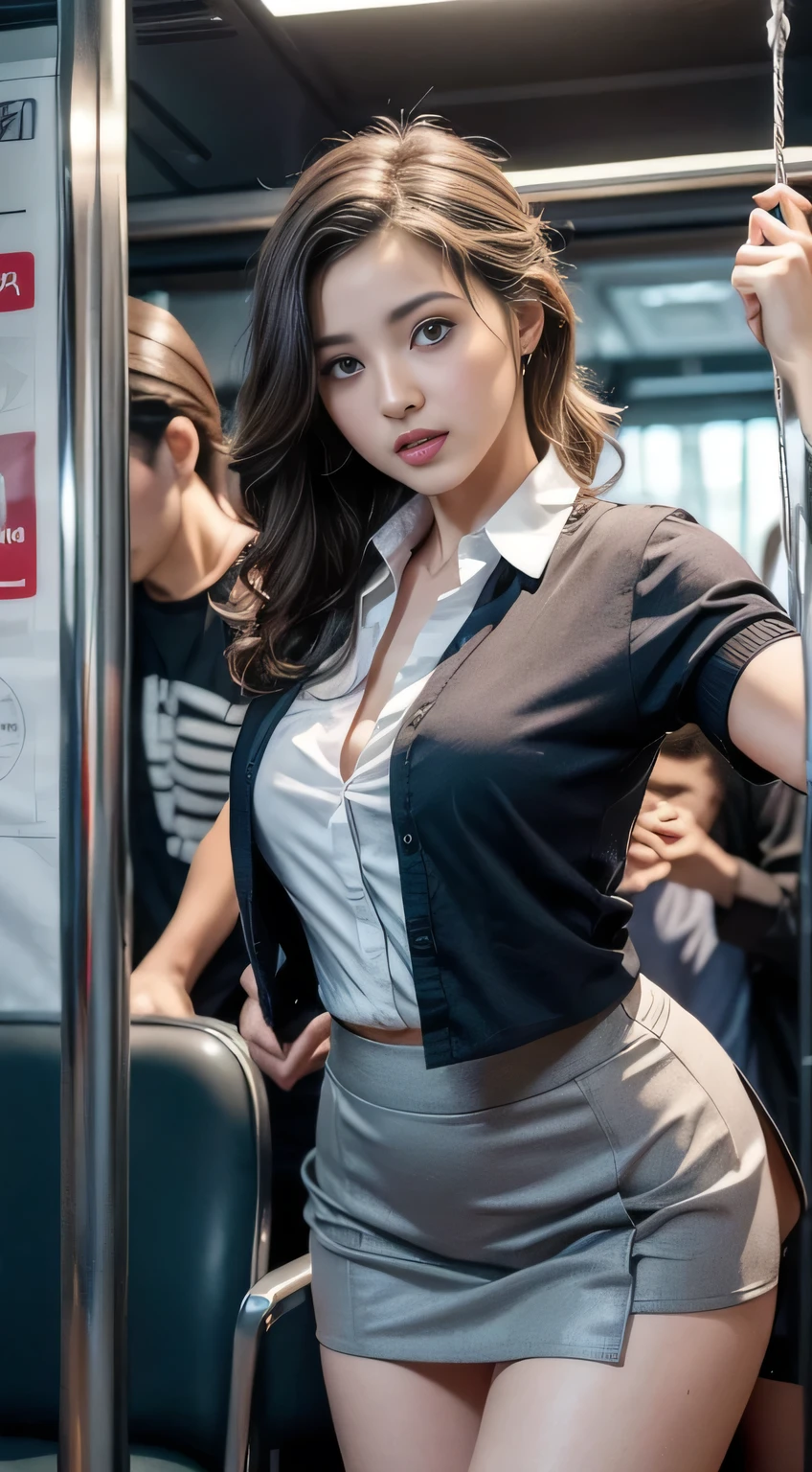 Crowded train, sexy girl, handsome man hugging her from behind, talking in her ear, lifting her, white miniskirt swaying upwards, 40k, photo, masterpiece, top quality, dark gray background, (1 girl's hair curls immediately with open legs), full open legs with big breasts, (round swing sexy mini skirt: 1.3), (white open shirt: 1.3), An elderly man leaned on her from behind and picked her up, striking various poses.