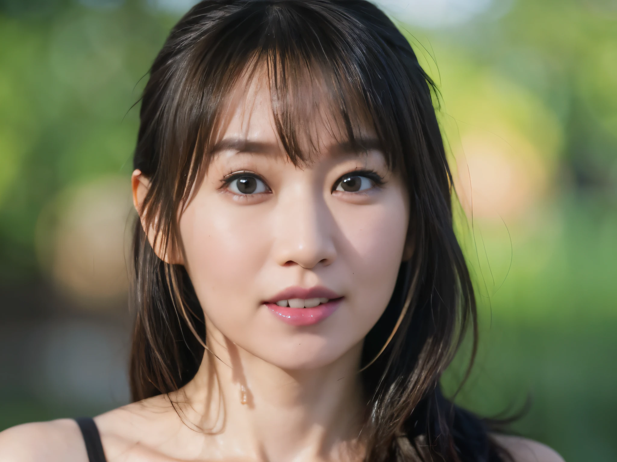 (Ultra HD、Ultra-high resolution、8k)、((Viewer:1.8))、(Extremely realistic skin texture:1.4)、(Realistic:1.3)、(smile:0.4)、20-year-old female、Long Hair、bangs,(Sweat:1.4)、off shoulder、Drooling,