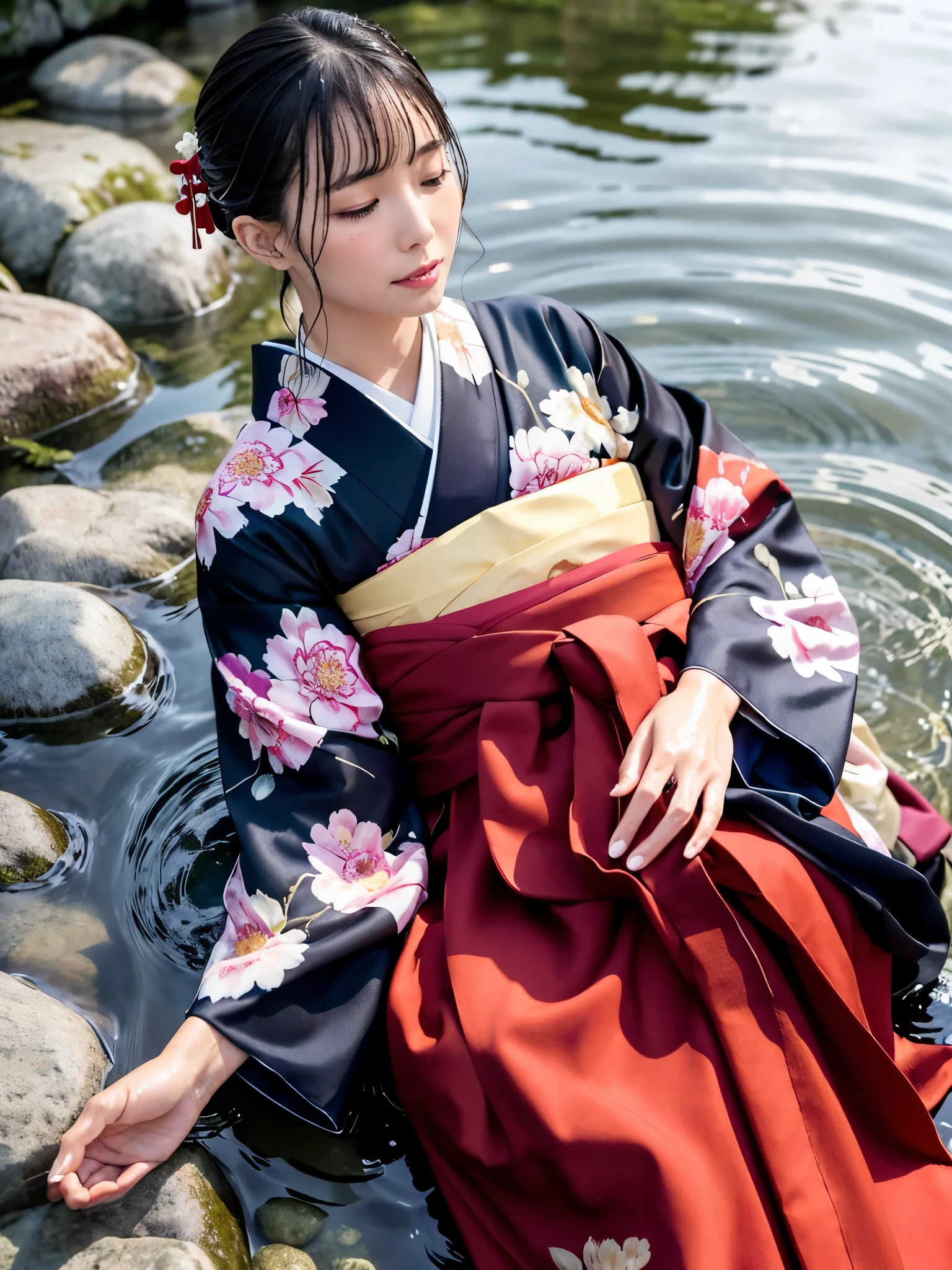 Realistic, long-sleeved kimono, hakama, long hakama, floral kimono, wet clothes, soaking wet clothes, wet and shiny clothes, clothes with a wet texture, clothes that stick to the body, immersed in a river, sinking in water, sleeping in a river, a woman lying in a river, a woman sinking in a river,