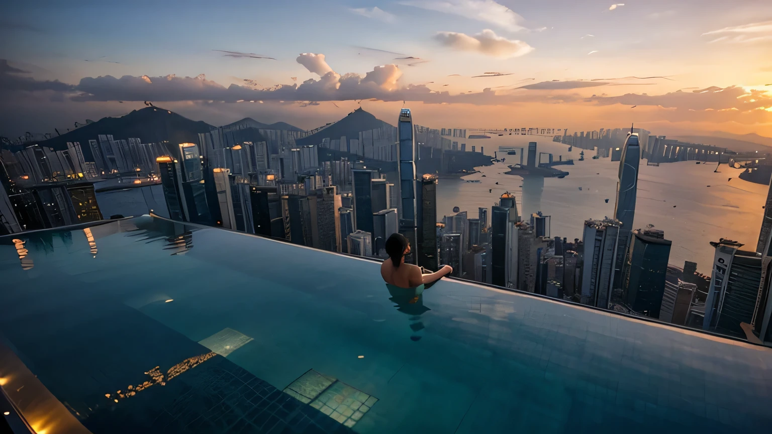 There is a fifth of the forest around,The sky is colorful,Located on the 108th floor of Shanghai Tower on the Bund in Shanghai,Three 13-year-old girls in bikinis frolic in the pool by the floor-to-ceiling windows,High-altitude helicopters fly by from a distance