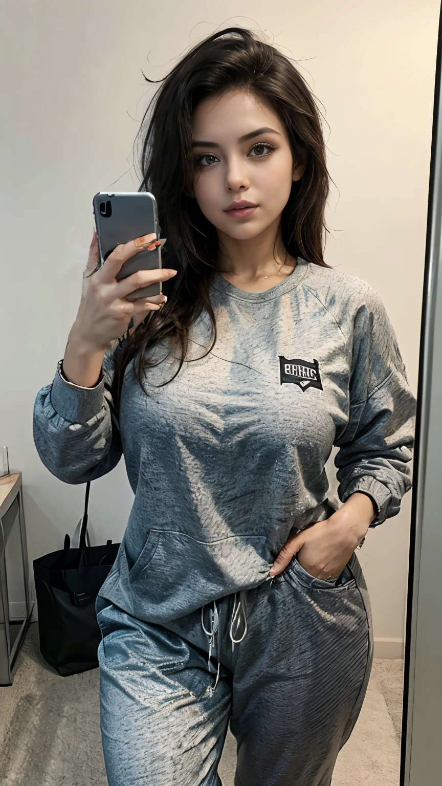 A sexy woman with big breasts and athletic body and thick thighs wearing sweatpants sweatshirt jacket and a t-shirt taking a picture in front of the mirror with her smartphone taking a picture in front of the mirror with her smartphone leather jacket