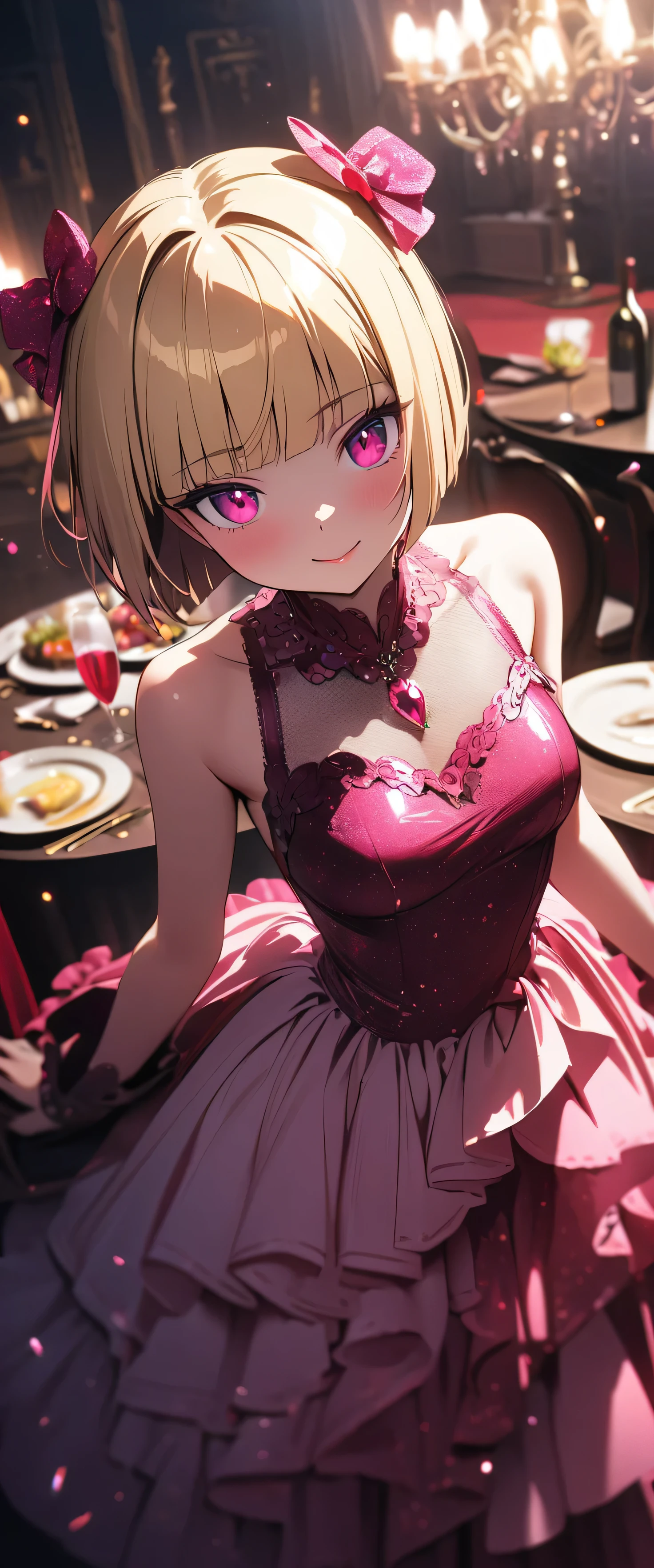 beautiful girl: 1.3),1girl,masterpiece, Highest quality, Ultra-high resolution,rich contrast,super high quality,8k,Highly detailed CG unit wallpaper,texture,Incredibly absurd,Ultra-high resolution,RAW Photos,Highest quality anime,Depth of Field 1.2,((Blonde,Short Bob)),Ultra-detailed eyes,Glowing Skin,Glitter effect,Beautiful glossy lips,(pink Frill dress:1.3),royal palace,gokou ruri,A light smile,Dinner Party,Staring at the wine in the glass