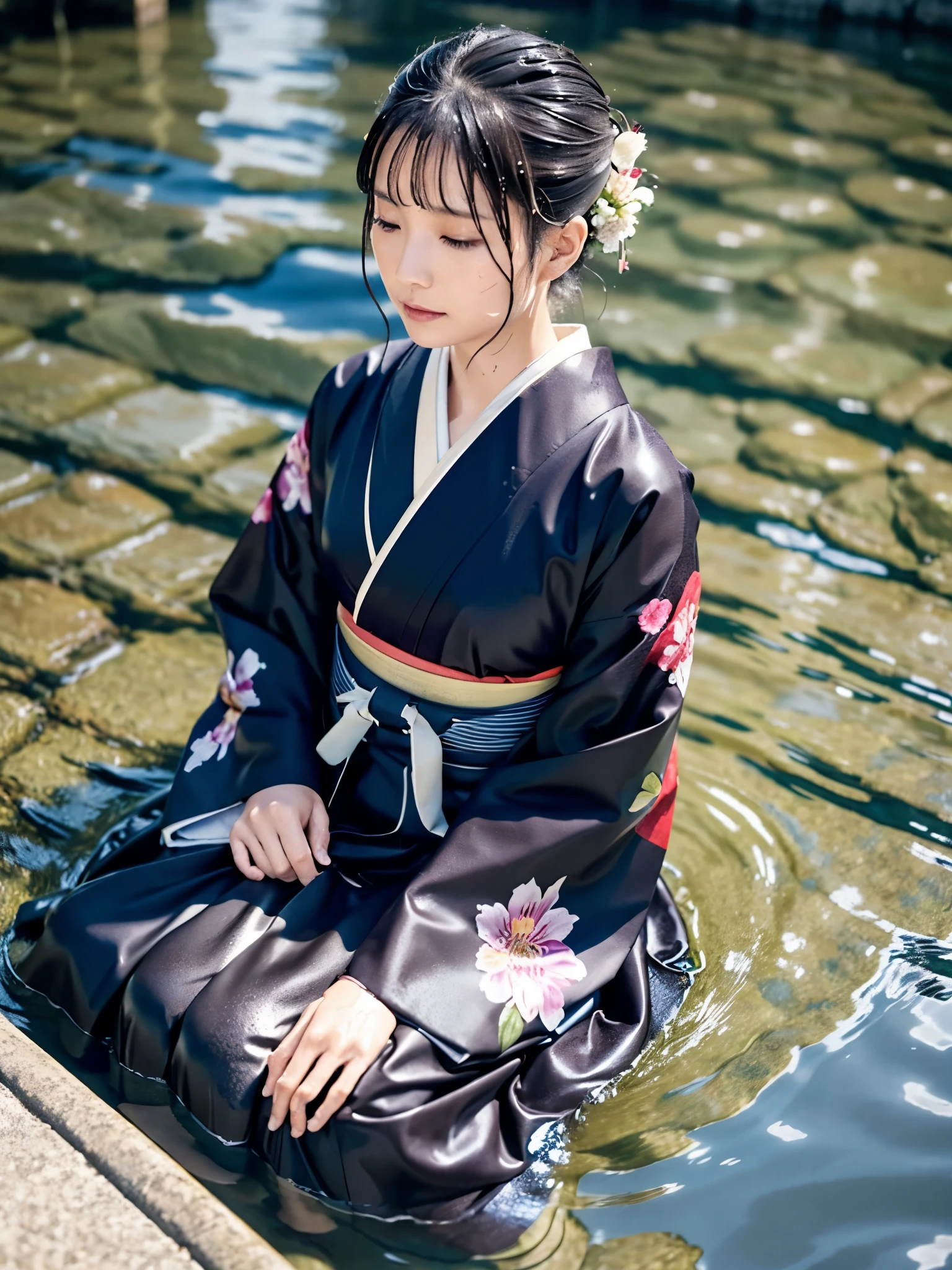 Realistic, long-sleeved kimono, hakama, long hakama, floral kimono, wet clothes, soaking wet clothes, wet and shiny clothes, clothes with a wet texture, clothes that stick to the body, immersed in a river, sinking in water, sleeping in a river, a woman lying in a river, a woman sinking in a river,