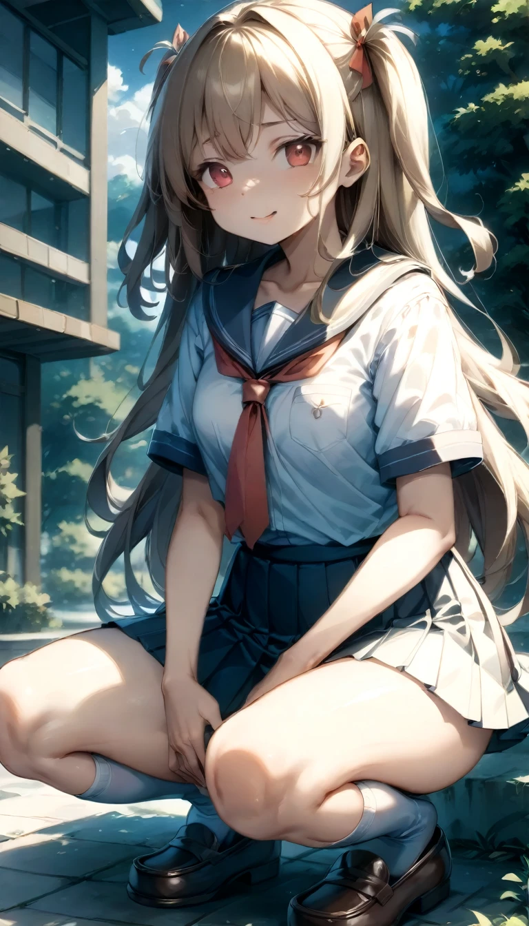 (cleft of venus), (navel), (extremely detailed CG unity 8k wallpaper,masterpiece, best quality, ultra-detailed),(best illumination, best shadow, an extremely delicate and beautiful), best quality, ((((masterpiece))), highres, original, extremely detailed wallpaper, 1girl, blue eyes,branch, cherry blossoms, daisy, floating hair, flower, hair flower, hair ornament, long hair, (((long sleeves))), looking at viewer, medium breasts,(((red_neckerchief))), petals, pink flower, (((blue_sailor collar))), , (((serafuku))), [[blouse]], (((silver hair))), (((solo))), spring (season), water, white flower,depth of field, character close-up,((no_pants)),((arms_behind_back)),panties, (((white_panties))),(((child_panties,sanitary_panties))),underwear,(((white_blouse)))