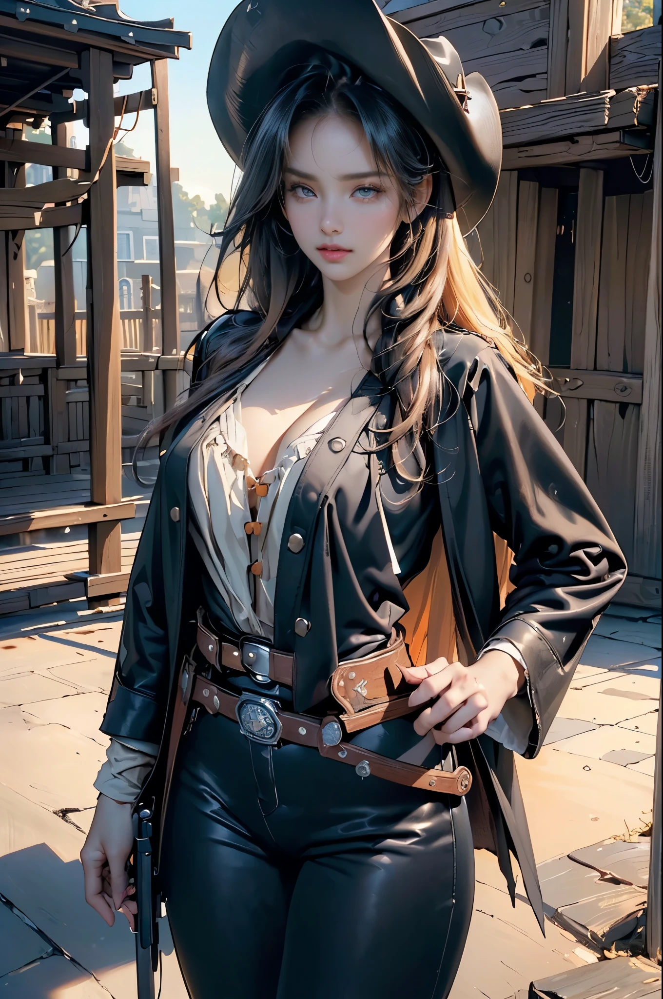 (The best quality at its best,4K,8k,High resolution,masterpiece:1.2),  Super detailed, (Actual,Realistic Lies,Realistic:1.37),　（western drama）、Female Gunfighter、Cowboy costume、black leather long trousers, Black long coat, (((Black cowboy hat:1.5)))、Dual pistols、(((western dramaのリボルバー銃:1.5))), (((gun belt:1.5)))、(Beautiful and delicate eyes, Beautiful lip detail, Highly detailed eyes and face, Long eyelashes),Physically Based Rendering,Vibrant colors,(((Old American West Town:1.5))）,((Outdoor:1.5)), (((Central Square))), (((Gallows:1.5))), (((High Noon Duel))), (The proportions are well balanced）, (Medium chest), (Perfect body), (Long fine hair), (Skin Texture:1.1), The best quality at its best, 超High resolution, RAW Photos, Nikon D850, Rim Light, Bright sunshine, Film Grain:1.2, (Warm color palette:1.2), (Colored photos), Full Body Shot,