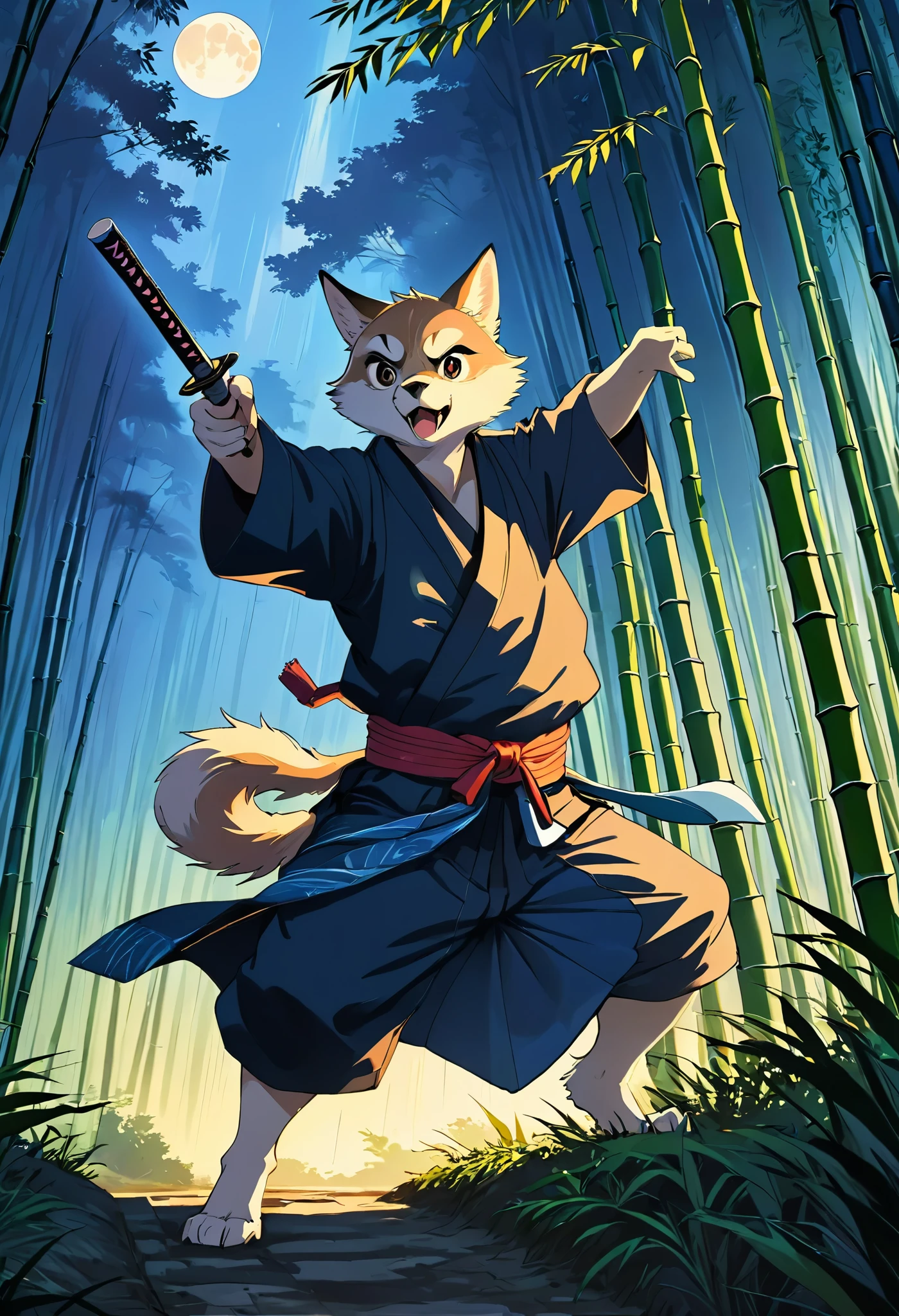 Top quality ultra-fine illustrations, movie posters, Zatoichi, Blind Swordsman, bamboo forest, dark night with beautiful full moon, rays of light through bamboo, backlighting, Tyndall phenomenon, Absurd perfect anatomy, Beastman, furry, pairs, boy with girls on his back, Japan kimono, ninja, sword with blue flames, battle duels, concentration lines, Furry body, animal facial features, animal body features, Highly detailed fur, sturdy look, shouting, combat regime, dynamic pose,