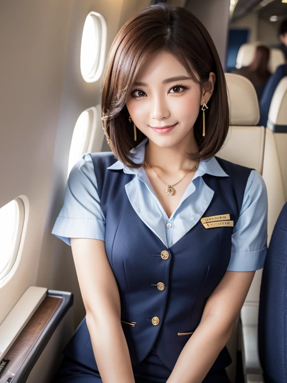 ((flight attendant)),((Best Quality)), Realistic, Very detailed, In detail, ((High resolution)), 8k,((smile)),((cowboy shot)),Beautiful, well-shaped eyes,(Korean women),((sexy)),Beautiful Skin,Detailed face,(Glamour),Short Hair,Brunette colored hair,20th Generation,Glamour system,Bust size: 87cm,Neat stenosis,((Inside the plane))、necklace、Earrings,