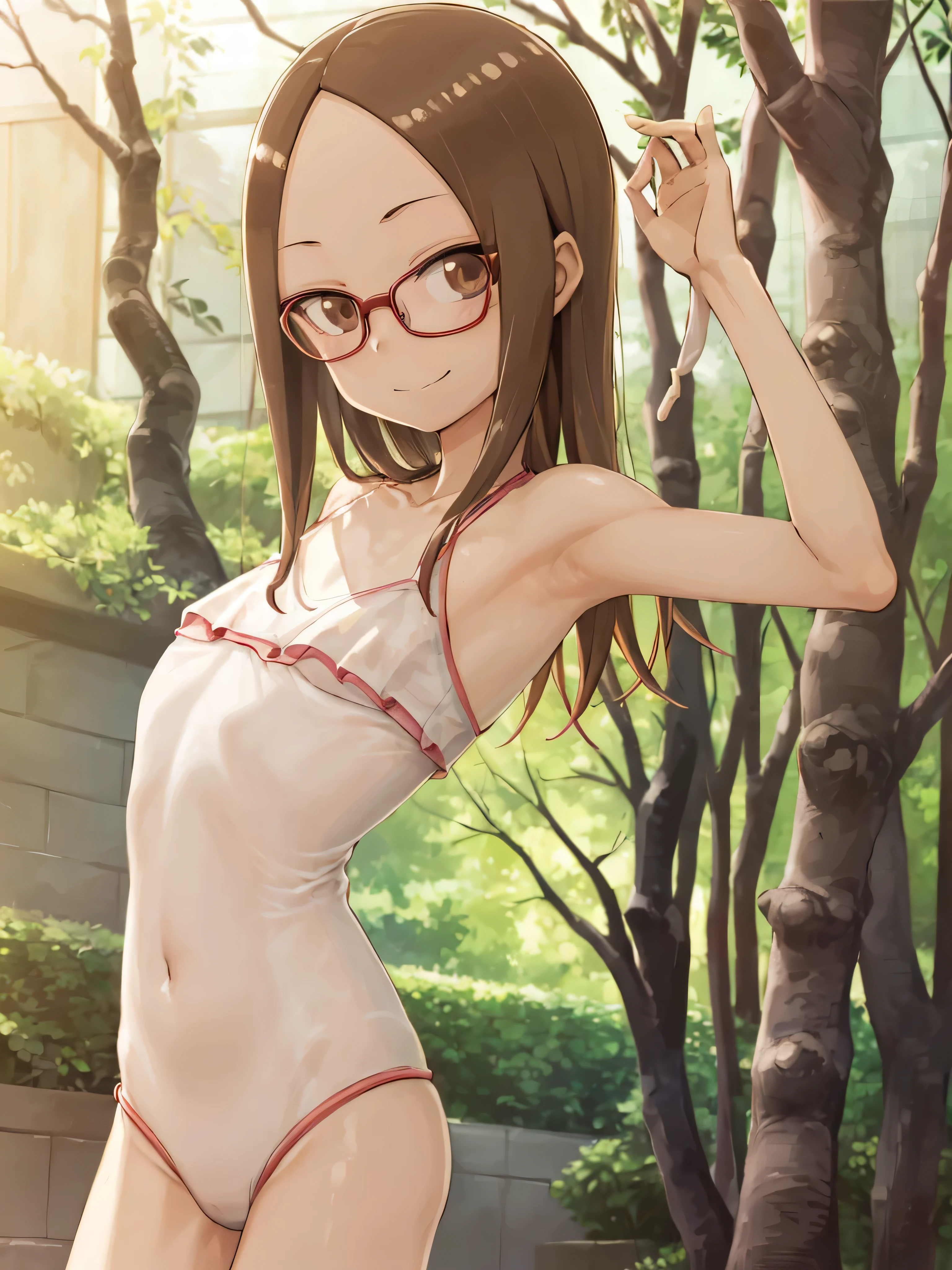 ((masterpiece,Best Quality)), Takagi-san One Girl, Mantis 3D Style , Flat Chest, A proud smile, Glasses, takagi-san. Swimwear 、Show me my armpits、(With a tentacle in his mouth:1.6)