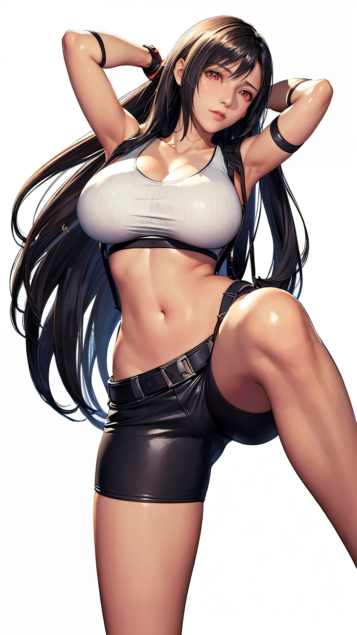 (（（figure，御姐figure,White and tender skin,（（（belt,  collarbone, crop top, elbow gloves, elbow pads, gloves, low-tied long hair, midriff, navel,  skirt, stomach, suspenders, Tank top, ）））,(（（Tifa lockhart，red eyes，black hair，long hair））),((masterpiece)),highres,((Best quality at best)),masterpiece,quality,Best quality,(（（ Exquisite facial features,Looking at the audience,There is light in the eyes, happy，cheer））），Huge breasts，Black background）））