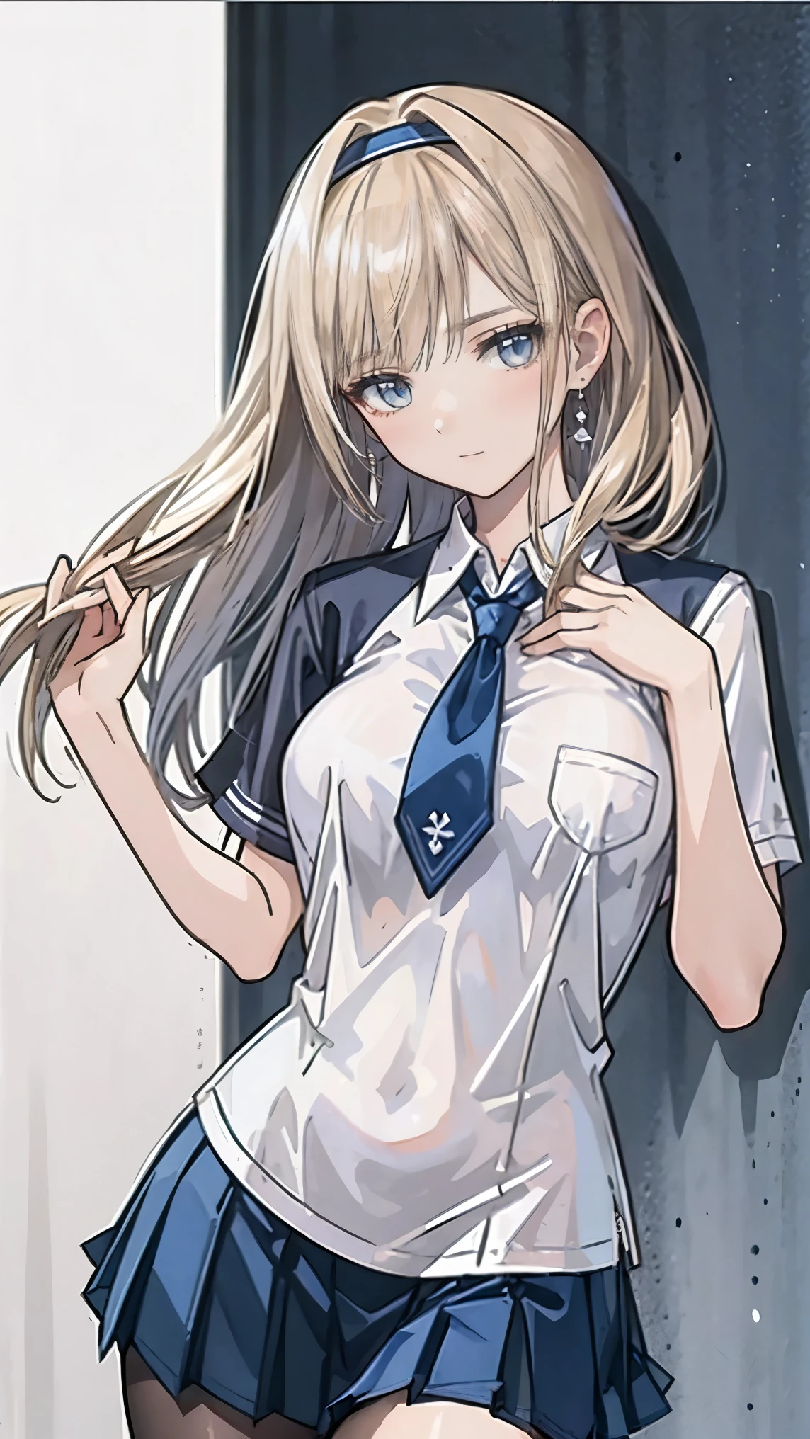 ((Best Quality)), ((masterpiece)), (detailed), (Focus on the characters、Focus on the chest,whole body), Anime 2D Rendering, Realistic young anime woman, Five fingers, Perfect Face, Beautiful details, Beautiful body, Beautiful breasts, Beautiful thighs, (Large Breasts)、Beautiful legs, (White beautiful skin), 、 girl、一人girl, blonde、(Long Hair、White headband), ((Collared short-sleeved shirt, White shirt, Blue checked pleated skirt, Blue tie))、(Black tights、), Wicked Smile、((green))、garden、She turns her face and body towards the viewer,A pretty face and a charming smile,Standing、
