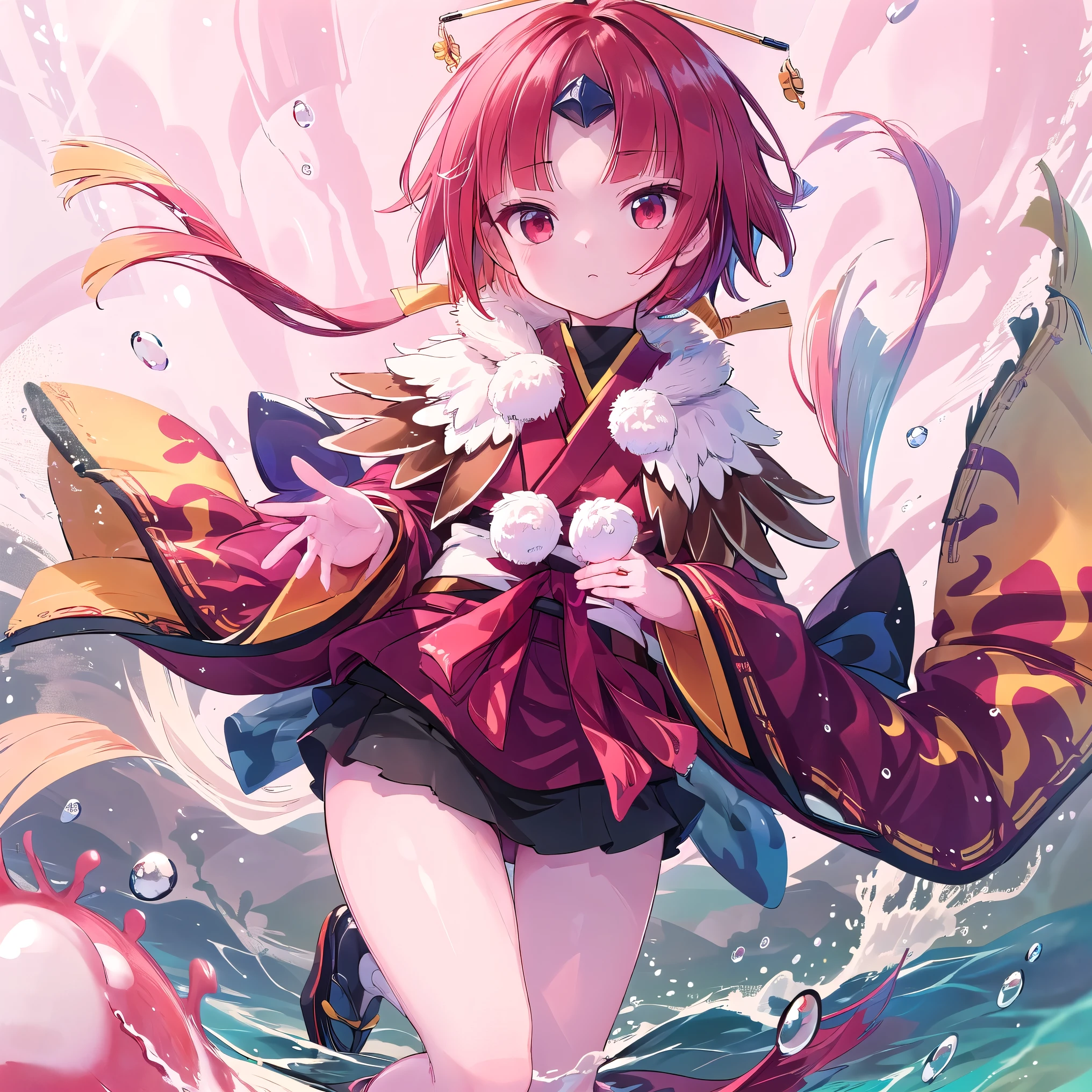 ((masterpiece,best quality:1.2)),((In the water:1.4)),((floating:1.3)),In the water theme,Perfect composition,One girl,be_Niemma,Wide sleeves, short hair, bangs, Red Japanese clothing:1.3,, Redhead, Split sleeves that reach to the wrist,Two small pom-poms,Black belt,Black mini skirt,ribbon,Have