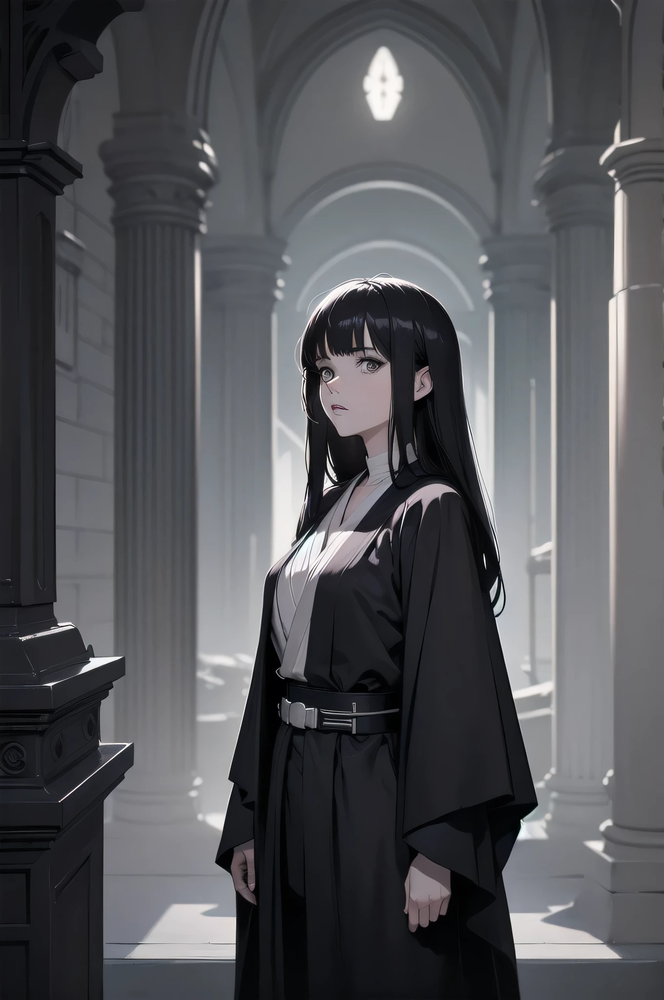 Shadow Face、Star Wars, jedi, black jedi robe、Black Robe, black belt,Star Wars concept art, Star Wars、jedi、Lightsabers、Black Robe、jediの服、Star Wars、beautiful girl、cute、baby face、Droopy eyes、Black Hair、Beautiful Long Hair、Straight Hair、bangs、bangsbangs、bangs、bangsbangs、Big Breasts、Slim body、slim、(Best Quality,4K,High resolution,Masterpiece 1.2),Very detailed,Real 1.37,Spooky altar background,Dark fantasy,Black color scheme,Ominous atmosphere,Eye-catching,Story,Anime Style,Concept Art,Inappropriate behavior,beautiful, Delicate facial features, pale Skin, night、Dim lighting、Dark Background, Cinema Lighting, Dramatic Shadows, gothic, Spooky atmosphere, Dark Story, 1 person&#39;S, Red cheeks, ,(Blood splatter 1.3),Scary smile, smile,TwiSted smile、Bloody,(Blood splatter 1.3),Horror Style, ((Flowing Black Hair)), Female Curves, Sexy flat stomach, Perfect hands, Perfect anime character face, (Black Dress)), Standing, ((Evil smile)), ,(Dark Story1.3), Steam circulation, Moonlight Illumination, Night lighting, Gothic architecture、Western architecture,Victorian city, Skeleton Gas Light,Absurd, High resolution、 ((Tabletop)), ((Best Quality)), (Very detailedな), ((Very detailed)), (beautiful), ((cute)), 1 person,(1.6)、beautiful face、Full Body Ezbian、pale, Beautiful skin、Big Breasts、Beautiful body、Slim body、beautiful feet、Smiling Kindly、Dark building ruins、(The dark ruins are Bloody 1.3)、Low angle full body shot、(Creepy 1.3)、(The girl lost a lot of blood............1.3)、(crazy smile1.6)、Spirits、Droopy eyes、bangs, Long Hair, Star Wars、jedi、Blue Lightsabers、Ready your Lightsabers