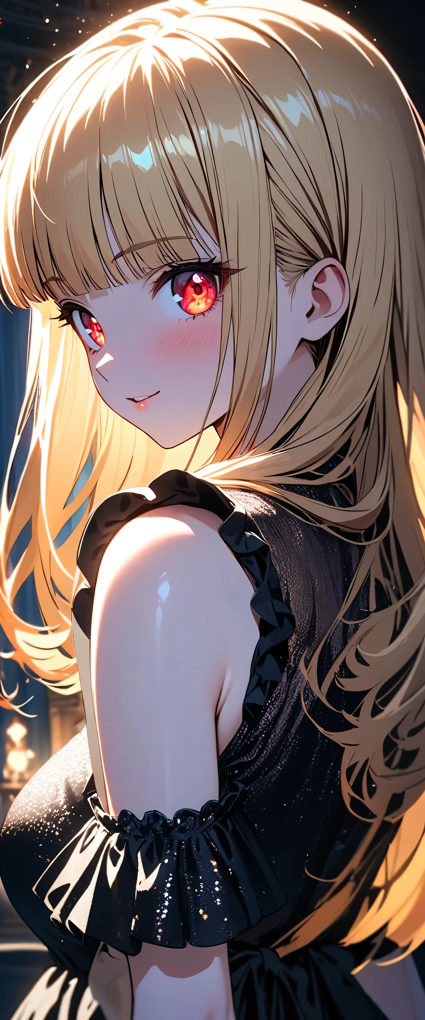 (beautiful girl: 1.3),1girl,masterpiece, Highest quality, Ultra-high resolution,rich contrast,super high quality,8k,Highly detailed CG unit wallpaper,texture,Incredibly absurd,Ultra-high resolution,RAW Photos,Highest quality anime,Depth of Field 1.2,(Blonde Hair,blunt bangs,),Ultra-detailed eyes,Red Eyes,Glowing Skin,Glitter effect,Beautiful glossy lips,(Frill dress:1.3),royal palace,Ball,Large Breasts,Open chest,Big Round Ass,A light smile,((BallでWaltzを踊る)),(from behind:1.8),(Gazing-into-the-Distance:1.3)