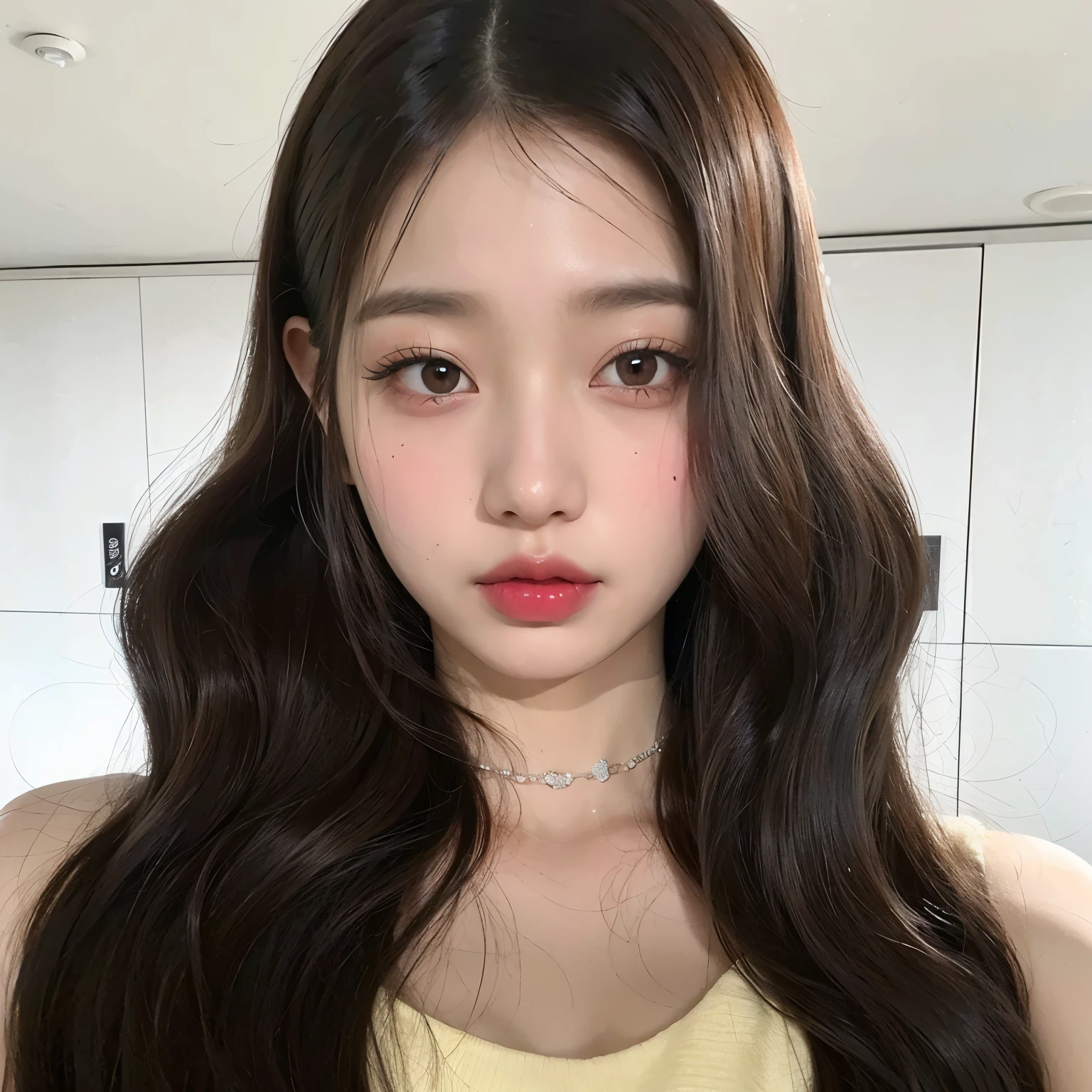 um close up de uma mulher with long hair usando um colar, Jaeyeon Nam, Jinyoung Canela, lalisa manobal, ulzzang, Hime's court, young adorable korean face, Heonhwa Choe, with round face, wan adorable korean face, with long hair, korean face features, Parque Ji-min,  Korean, Hwang SE - EM