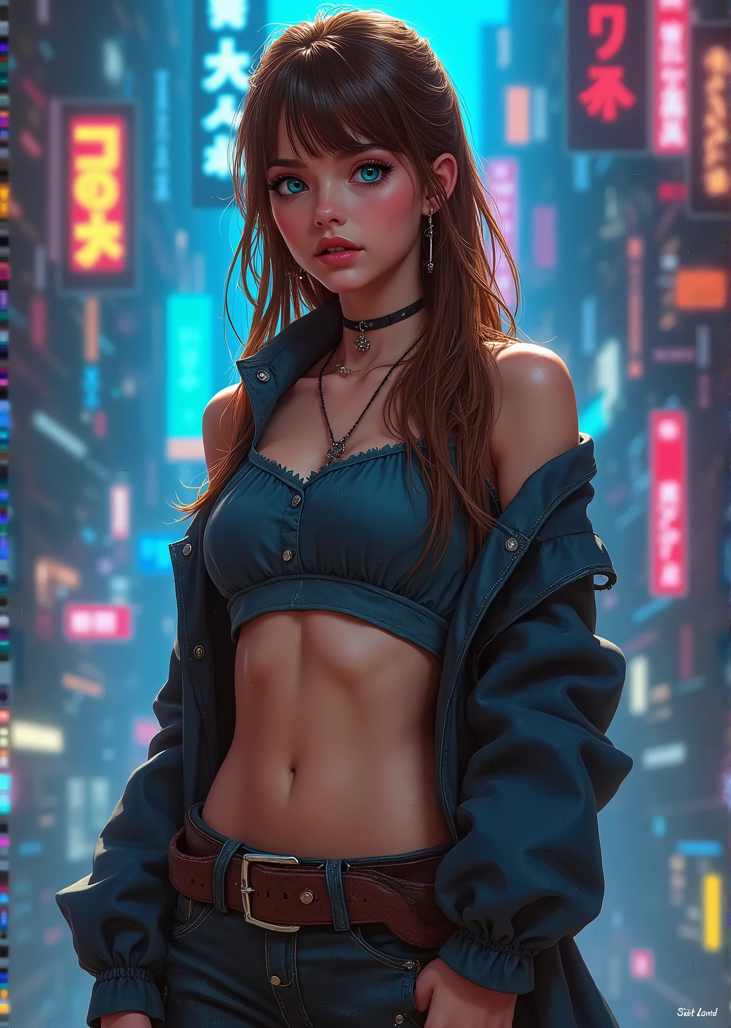 (RAW shooting, Photoreal:1.5, 8K, highest quality, masterpiece, ultra high resolution), perfect dynamic composition:1.2, Night street corner of a modern city, Highly detailed skin and facial textures:1.2, Slim office lady Fair skin, sexy beauty:1.1, perfect style:1.2, beautiful and aesthetic:1.1, very beautiful face, belt, (Medium chest, Bra is sheer, Chest gap), (beautiful blue eyes, Eyes that feel beautiful eros:0.8), (Too erotic:0.9, Bewitching:0.9), cowboy shot,
sultry look, seductive,