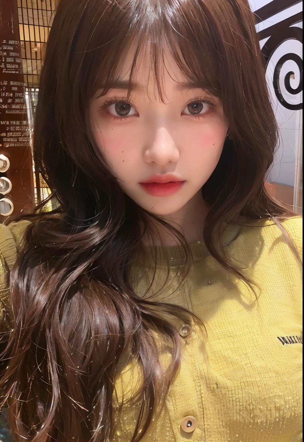 A close-up of a woman with long hair wearing a yellow sweater, Bae Suzy, Lalisa Manobal, Sun Yunjoo, con flequillo, ulzzang, Lalisa Manoban de Blackpink, Chiho, Jinyoung Shin, Wan adorable cara coreana, Shikamimi, Jaeyeon Nam, Parque Ji-min, con flequillo completo, flequillo esponjoso