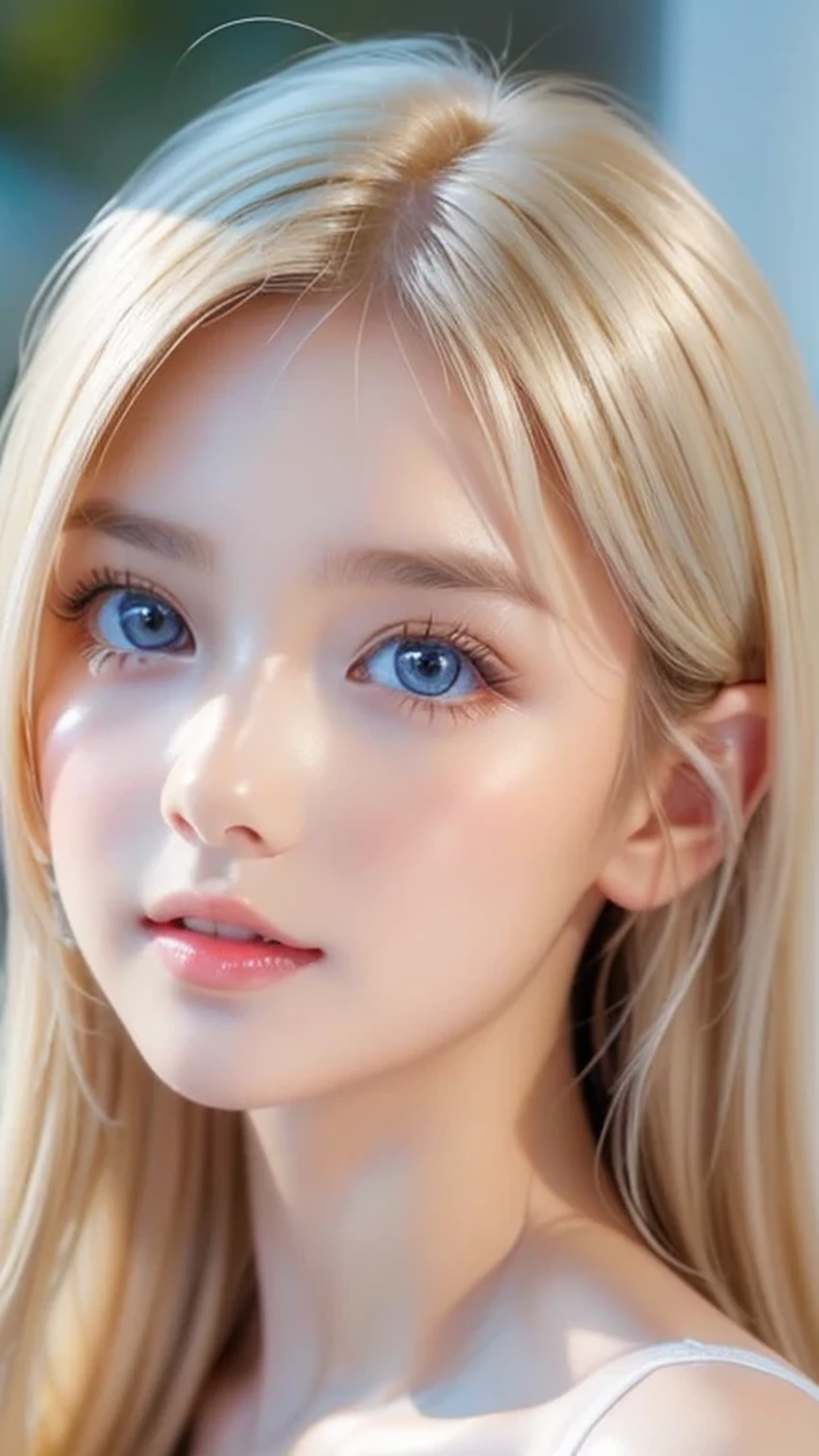 Dressed、(Photorealistic:1.4)、(ハイパーRealistic:1.4)、(Realistic:1.3)、(Smooth lighting:1.05)、(Improved cinematic lighting quality:0.9)、32k、1 Girl、Very cute expression、A beautiful  blonde girl、bangs that fall on the face、Bangs left over the eyeessy bangs between the eyes、Realistic top lighting、Backlight、Face Light、Super long silky platinum hair、Blonde rays、(Bright light:1.2)、(quality improvement:1.4)、(Highest quality realistic textured skin:1.4)、Very beautiful, detailed, shiny, very bright, mint blue, large eyes、Very big eyes、Detailed face、A careful eye for quality、(Tired, sleepy and satisfied: 0.0)、Face close up、T-Shirts、(Enhances the body line:1.1)、(Enhances the beauty of skin texture:1.1)、Cheek gloss highlighter、Small Face Beauty、Round face