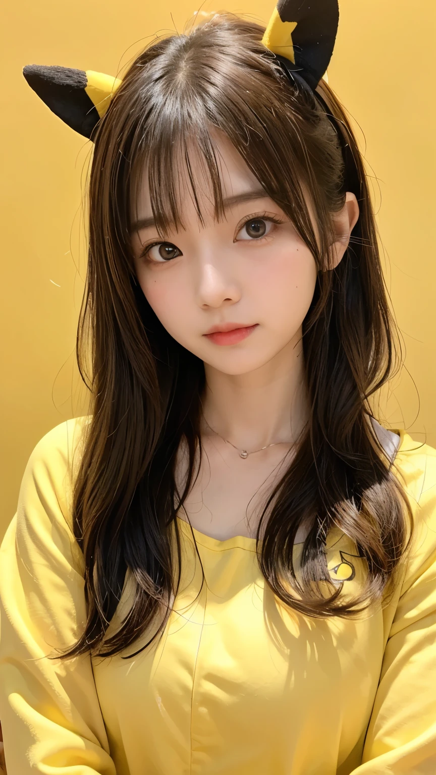 (8k, masterpiece, highest quality),girl１name、Pikachu、yellow clothes、Simple yellow background、head shot