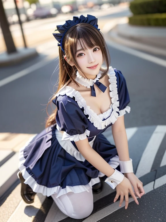 Photo-realistic quality、there is a woman in a Maid outfit kneeling on the ground, anime girl Cosplay, anime Cosplay, anime girl in a メイド costume, Cosplay,, Cosplay photo, Maid Dress, Maid outfit, full-Cosplay, Real life anime girls, professional Cosplay, anime cat girl in a メイド costume, Looking at the camera、Detailed and beautiful eyes、Cute smile、A soft and gentle look